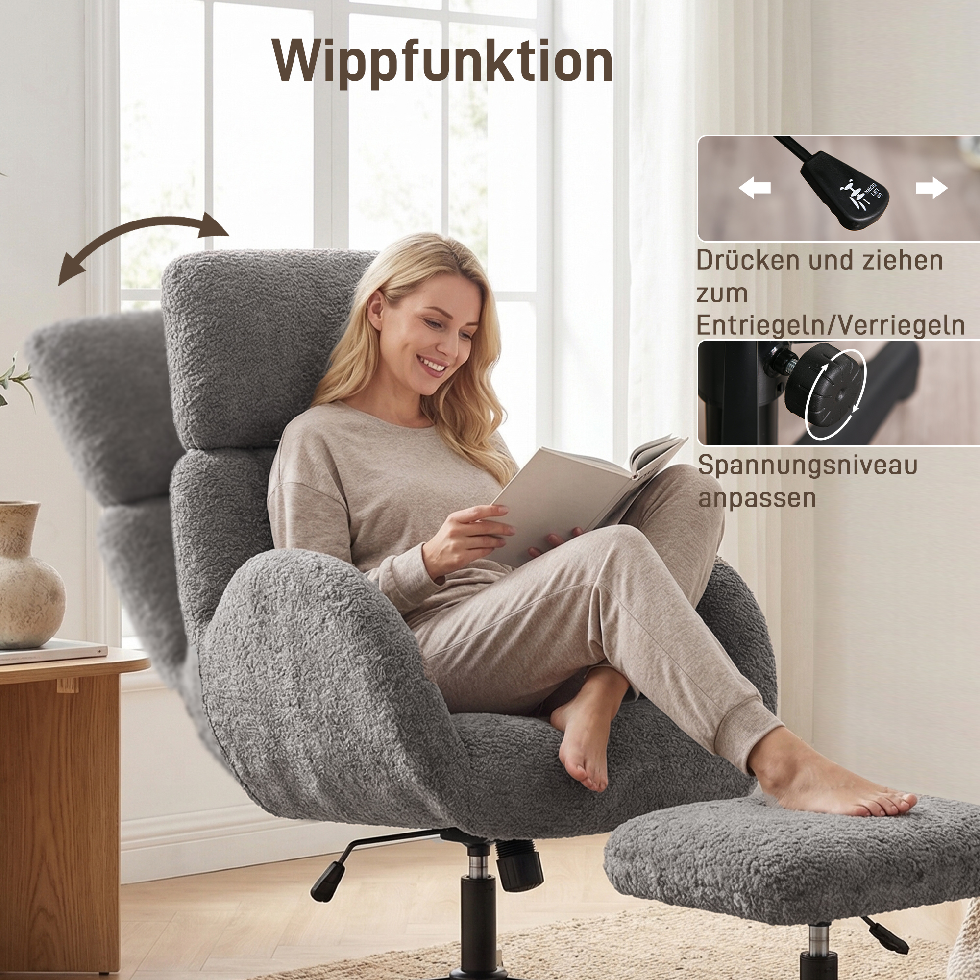 Drehbarer Sessel mit Fußhocker, höhenverstellbarer Akzentstuhl mit verstellbarer Kopfstütze, Schaukel-Funktion, Grau