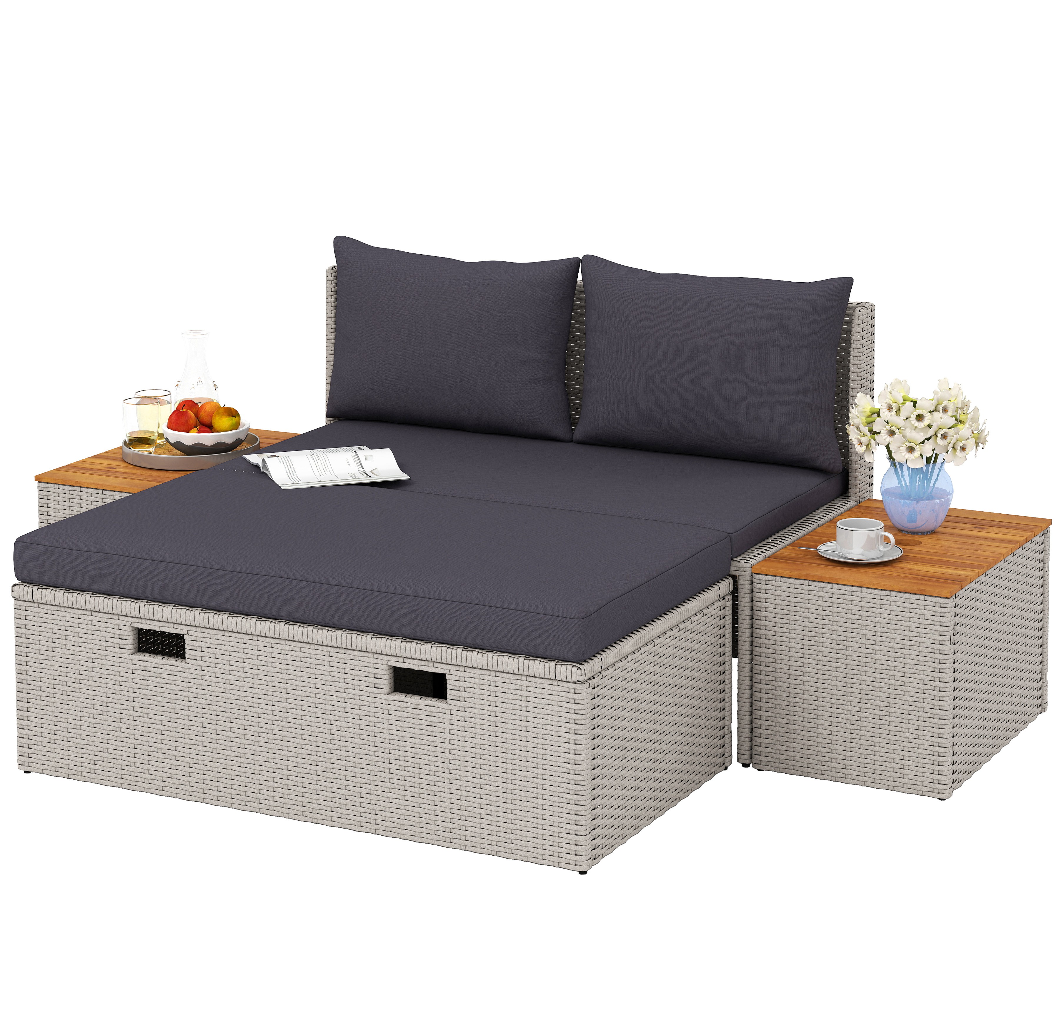 Polyrattan Sonnenliege für 2 Personen Doppelliege mit Fußhocker Stauraum Auflagen 125x114x72,5 cm Grau