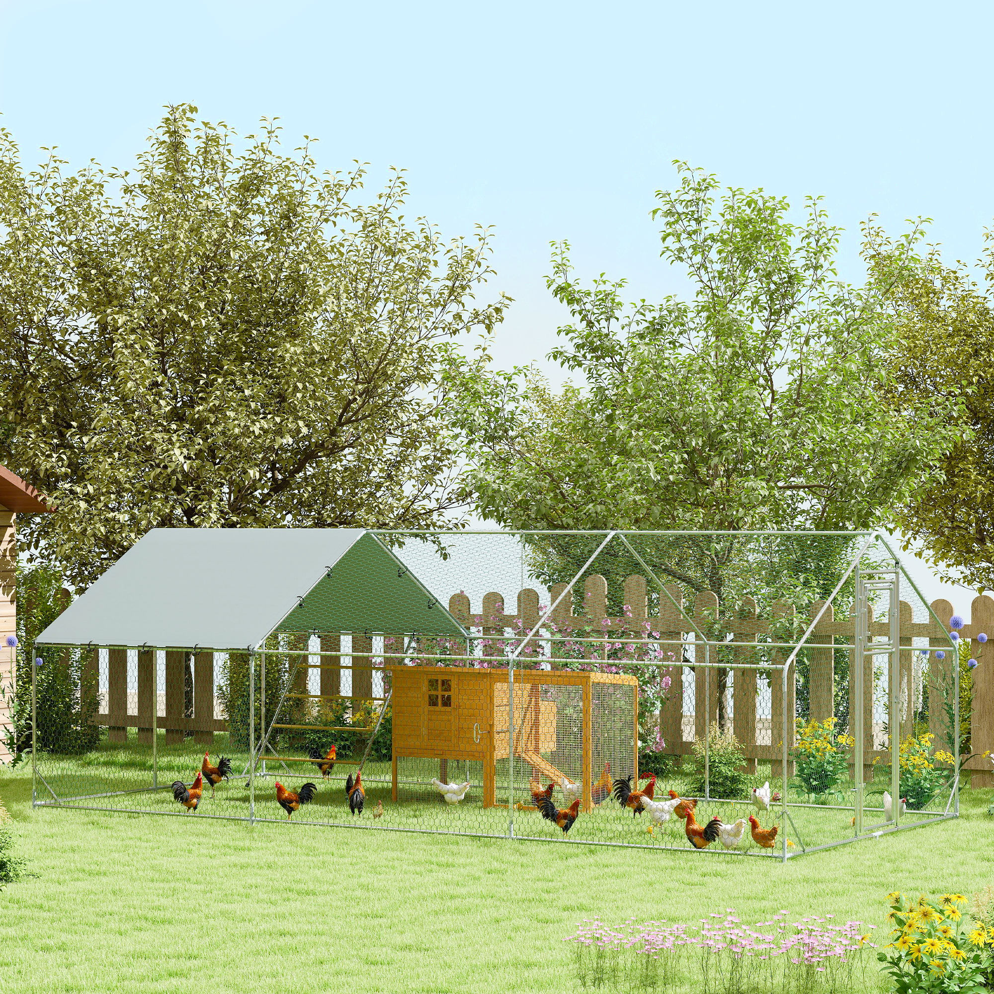 Hühnerstall, Freilaufgehege für Hühner, mit UV-beständiger Plane, Stahlgitter, Futterautomat, für 18-24 Hühner