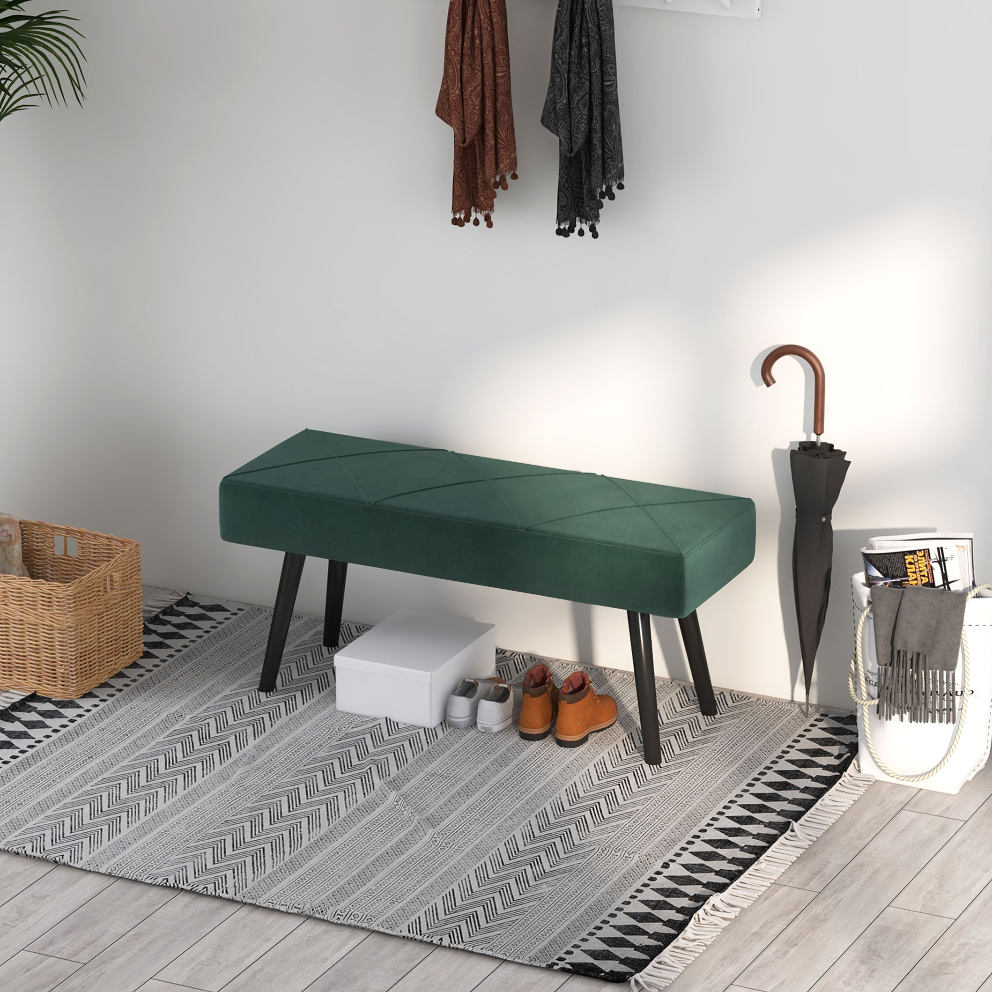 Sitzbank Polsterbank Bettbank, Samtoptik, 100 x 36 x 45 cm, Grün