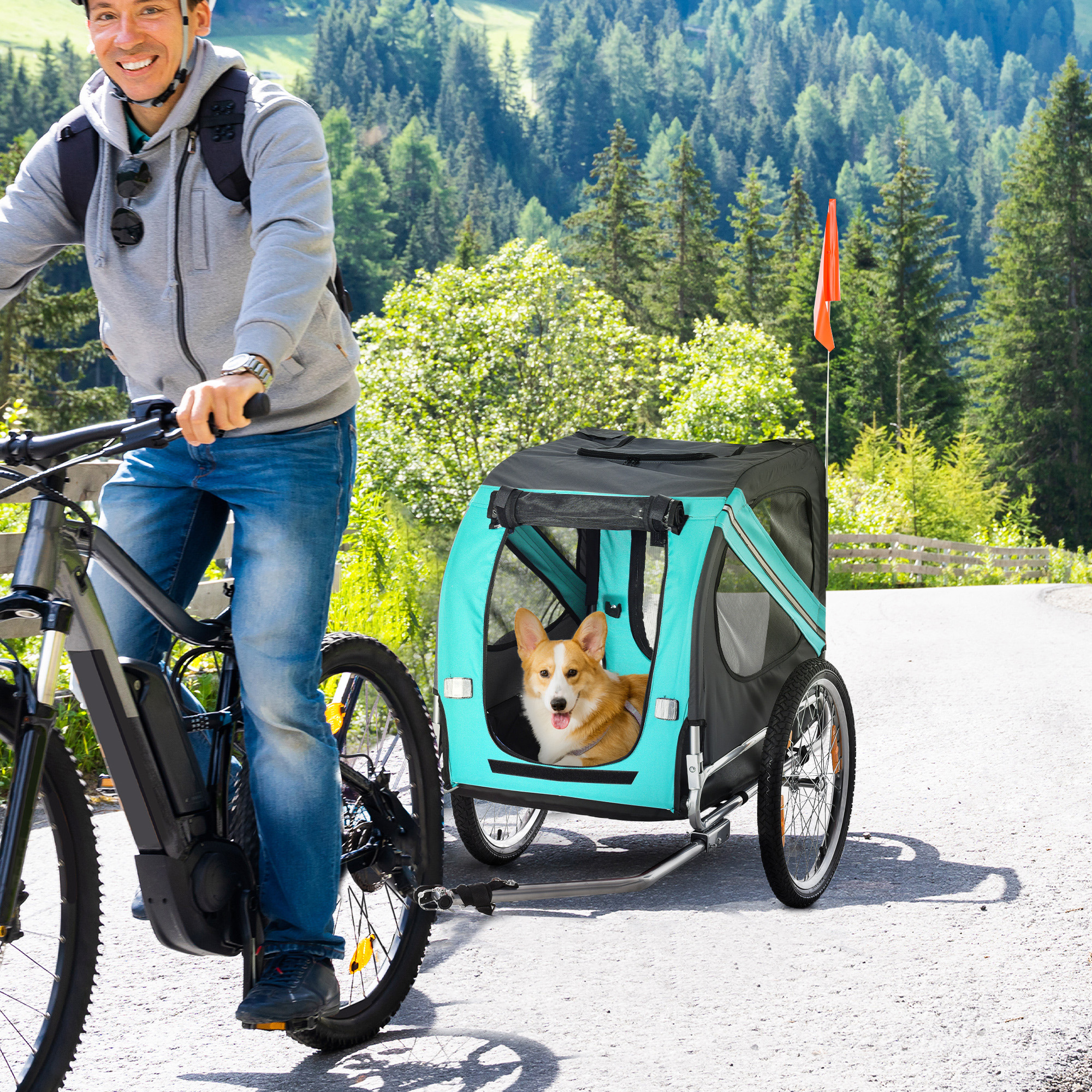 Haustieranhänger Hundeanhänger Fahrradanhänger bis 20kg klappbar Reflektor Regenschutz Stahl Grau + Grün 130 x 73 x 90cm