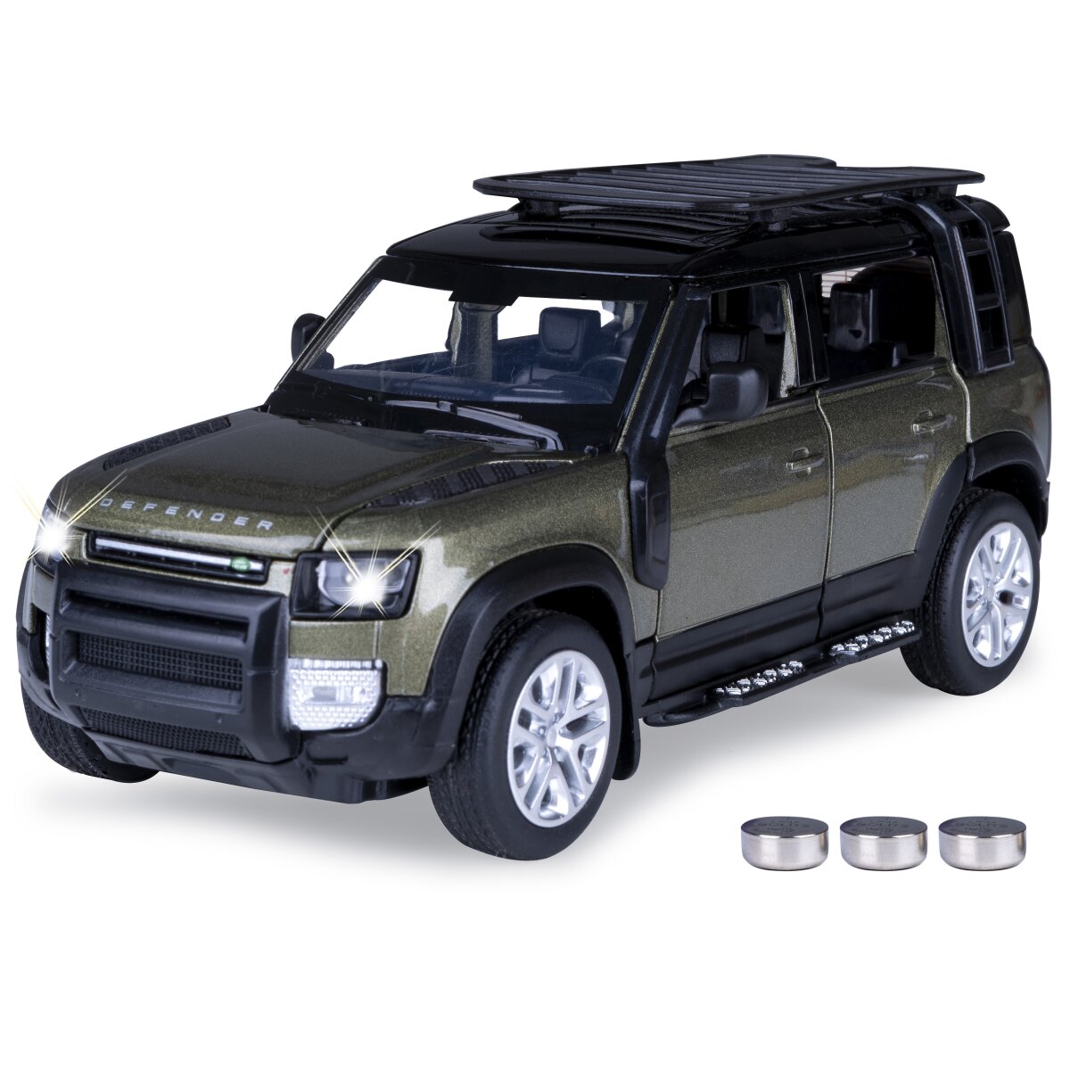 Land Rover Defender 110 Diecast 1:32 grün inkl. Knopfzellen