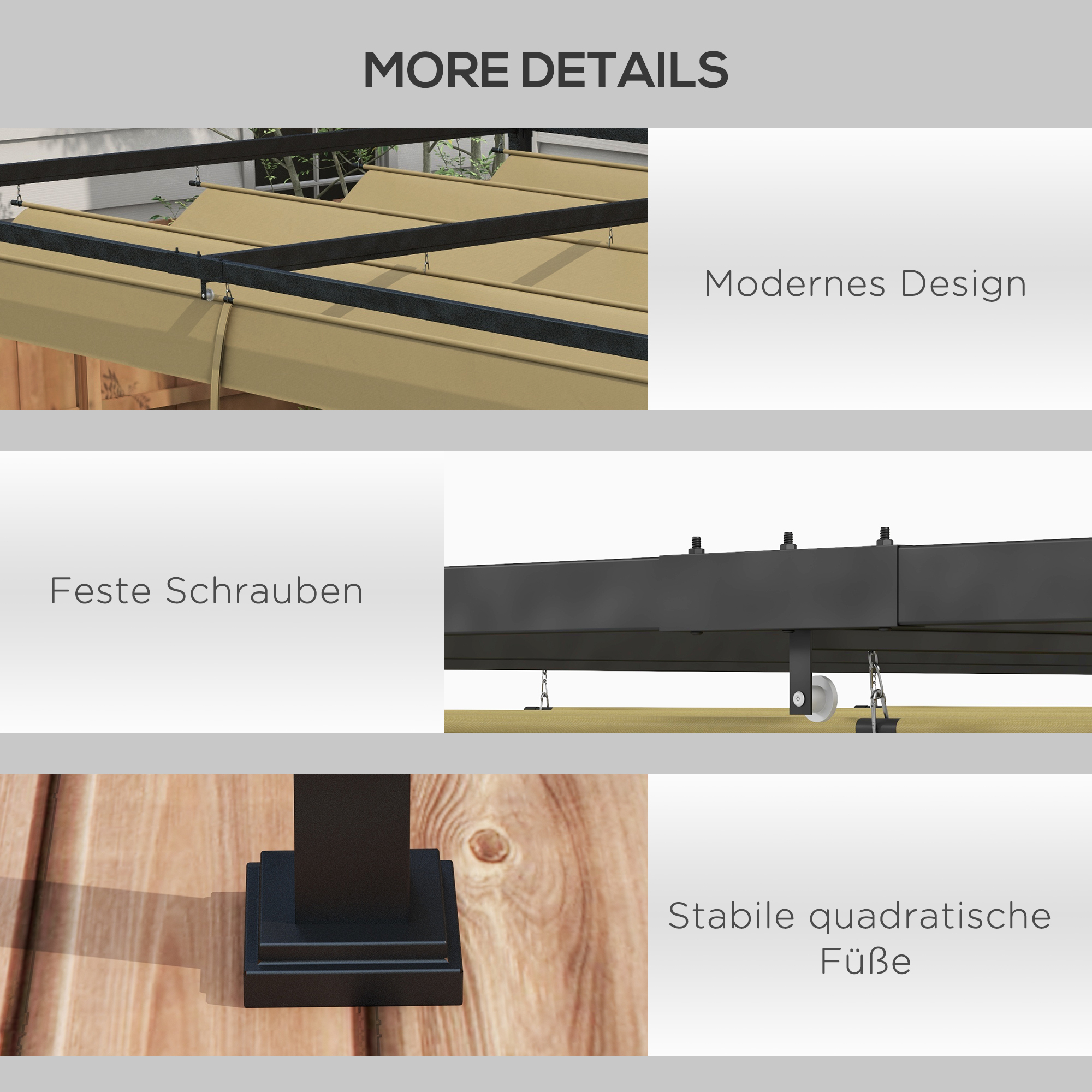 Pergola, Robuster Sonnenschutz für Garten, Balkon, Terrasse, aus Metall und Kunststoff, UV- und wasserabweisend, Khaki
