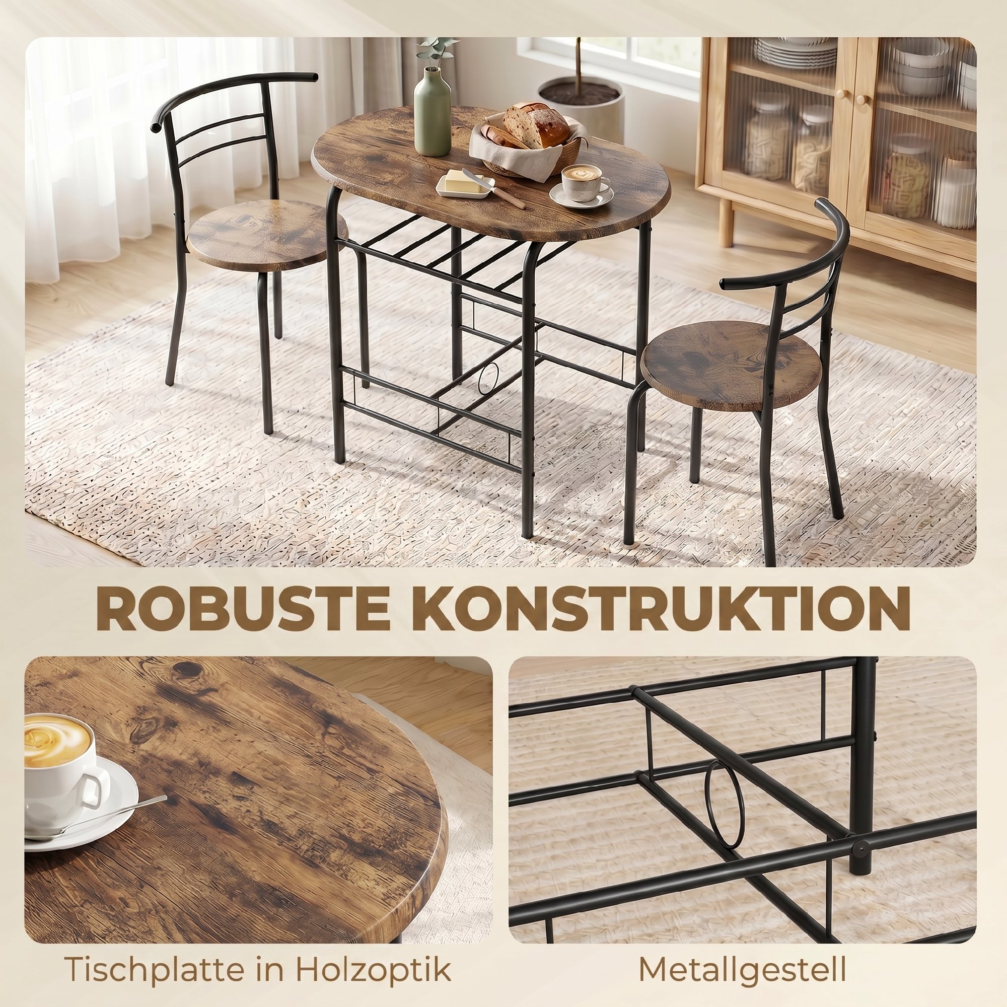 Essgruppe 3-teilig, Küchentisch und Stühle für 2 Personen mit Regal, Wohnzimmer, Rustikal-Braun Holz-Optik