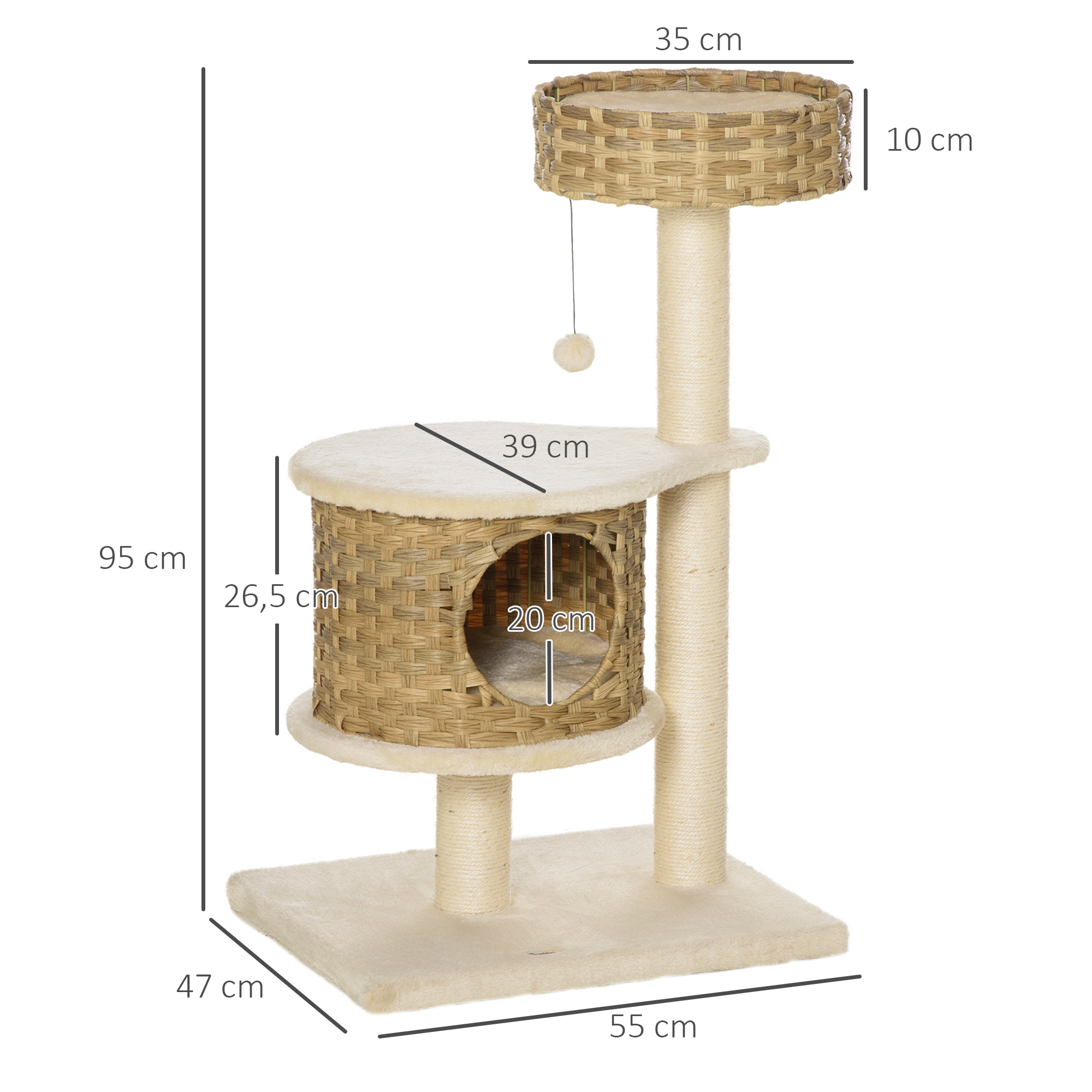 Kratzbaum Rattan 95 cm Höhe 3-Stufiger Katzenbaum mit Platform, Katzenbett, Kletterbaum mit Katzenhöhle Sisalstämmen Spielbälle Katzenmöbel Sisal Natur+Beige