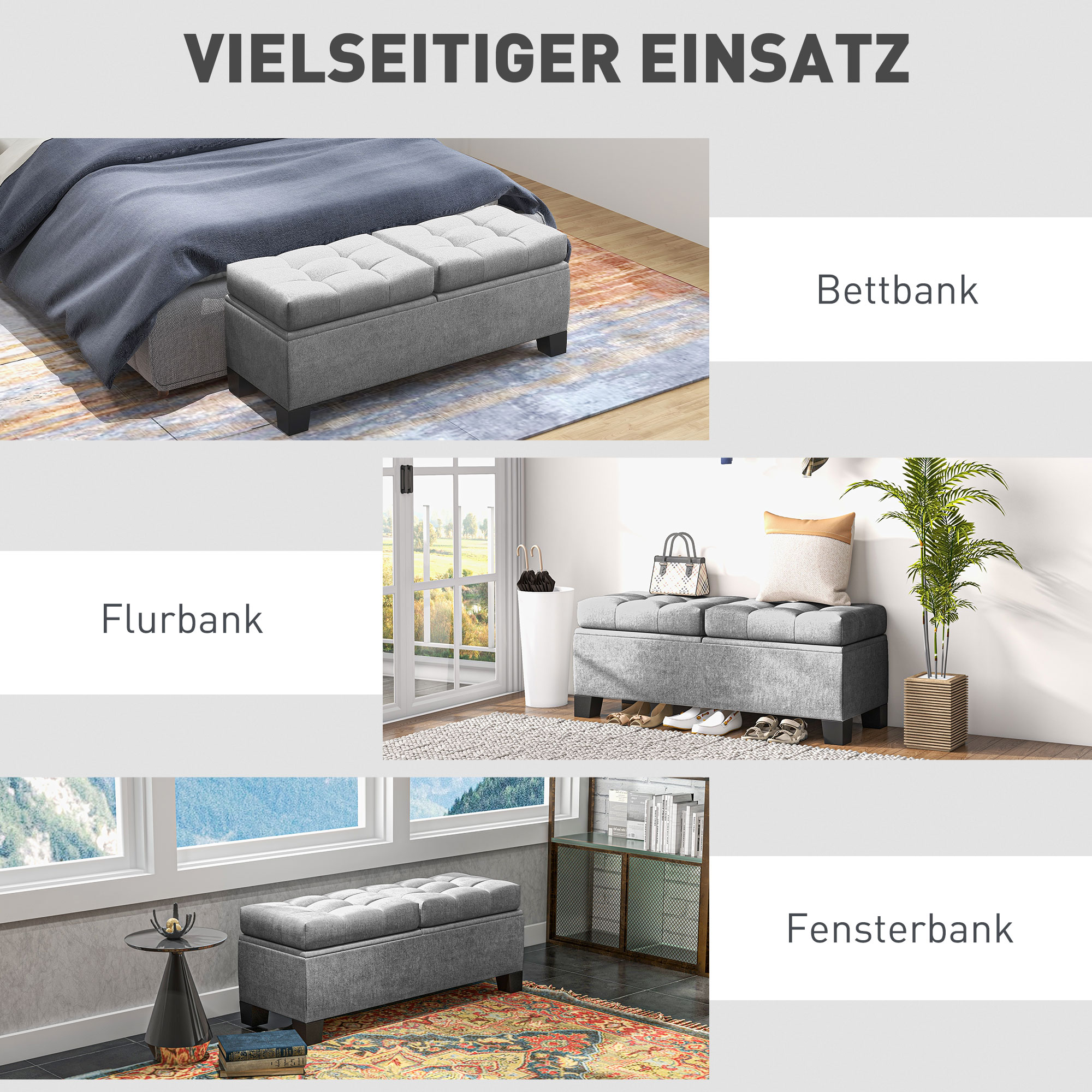 Sitzbank mit Stauraum, Polsterbank mit Leinenoptik, Gepolsterte Aufbewahrungsbox bis 180kg belastbar, für Flur, Schlafzimmer, Wohnzimmer, 116x41x47 cm, Grau