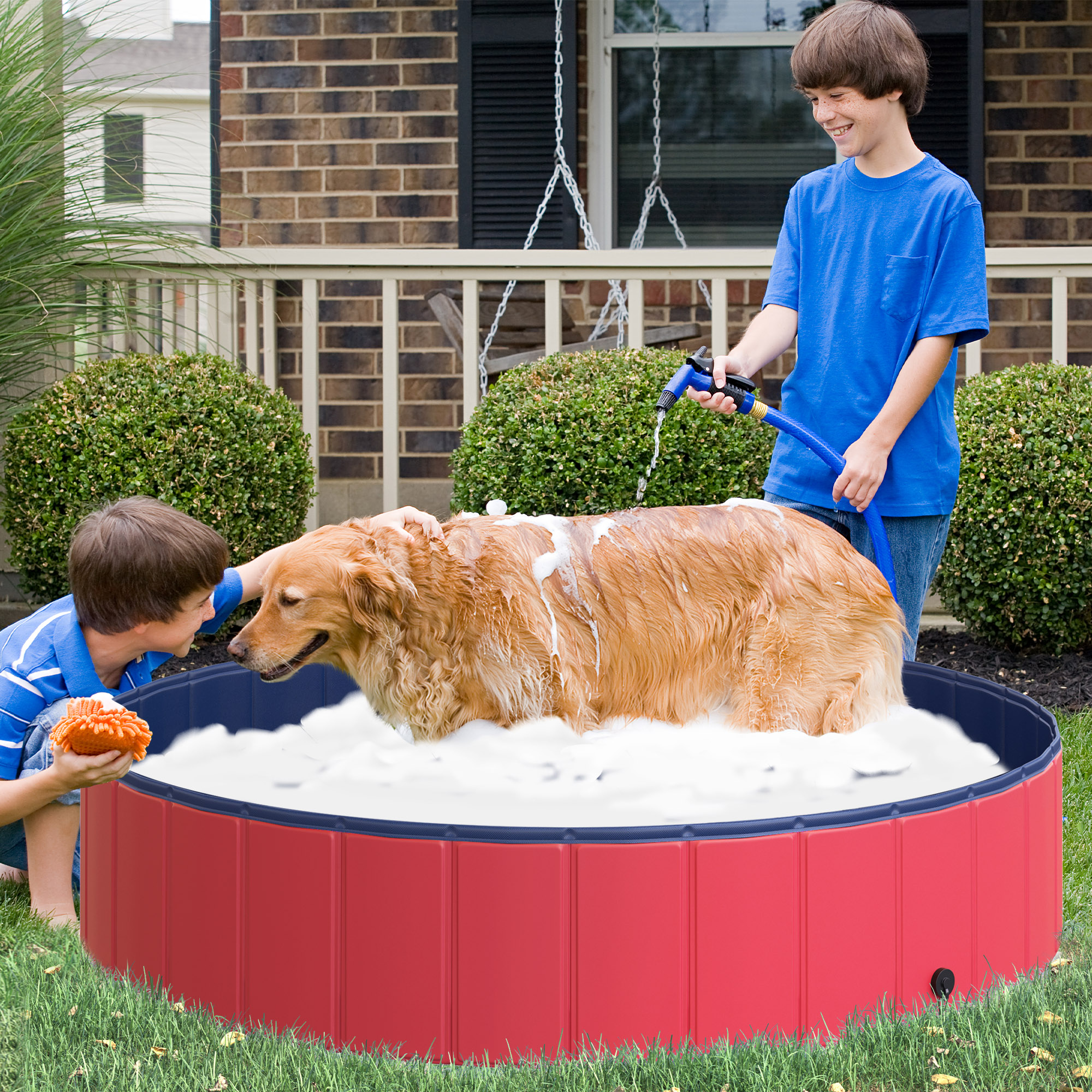 Hundebadewanne faltbar Badewanne Hundepool Plantschbecken Swimmingpool Wasserbecken für Hunde und Katzen Schwimmbecken Kunststoff+Holz Rot Ø140 x H30 cm