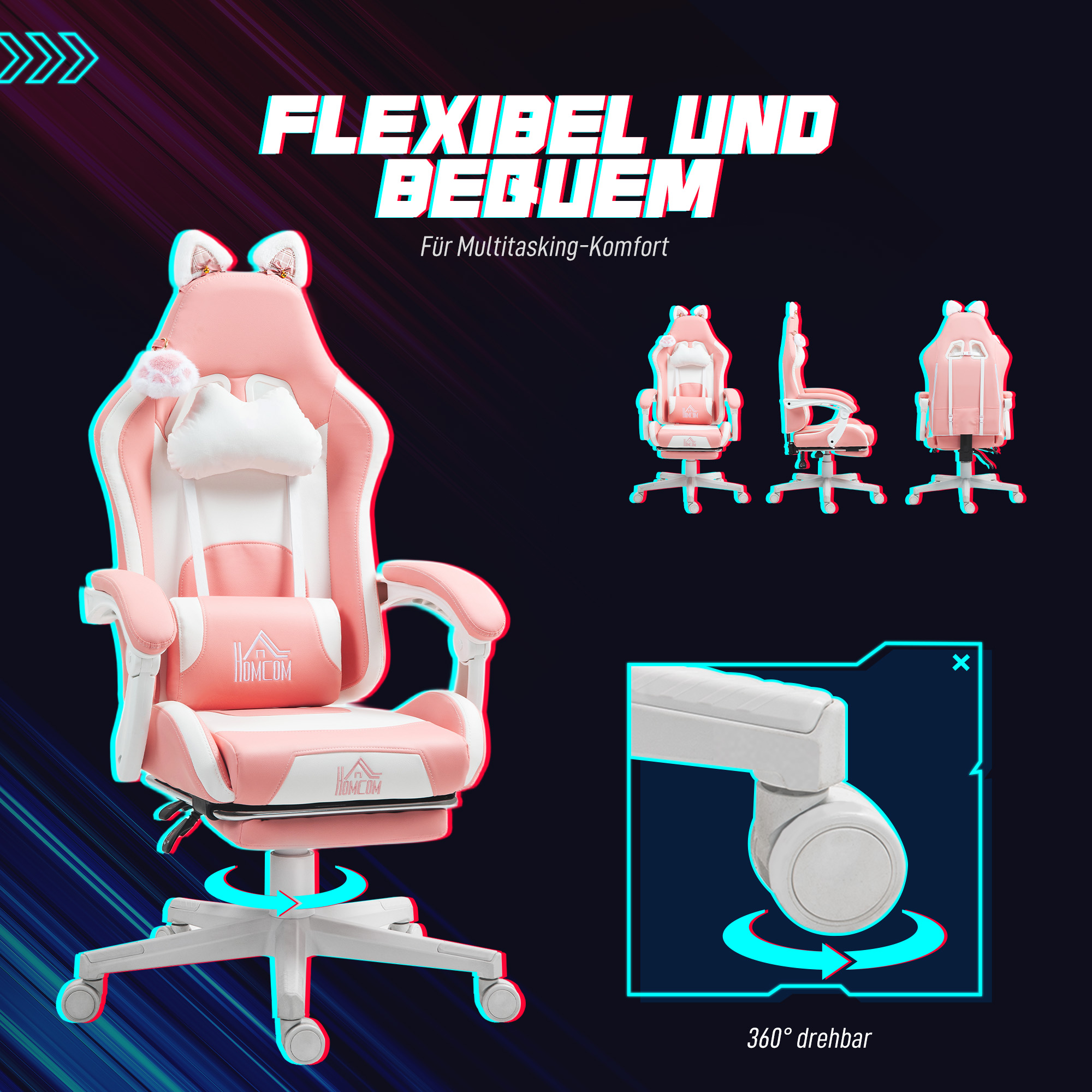 Gaming-Sessel mit Katzenohren, neigbare Lehne, ausziehbare Fußstütze, bis 120 kg, Rosa/Weiß