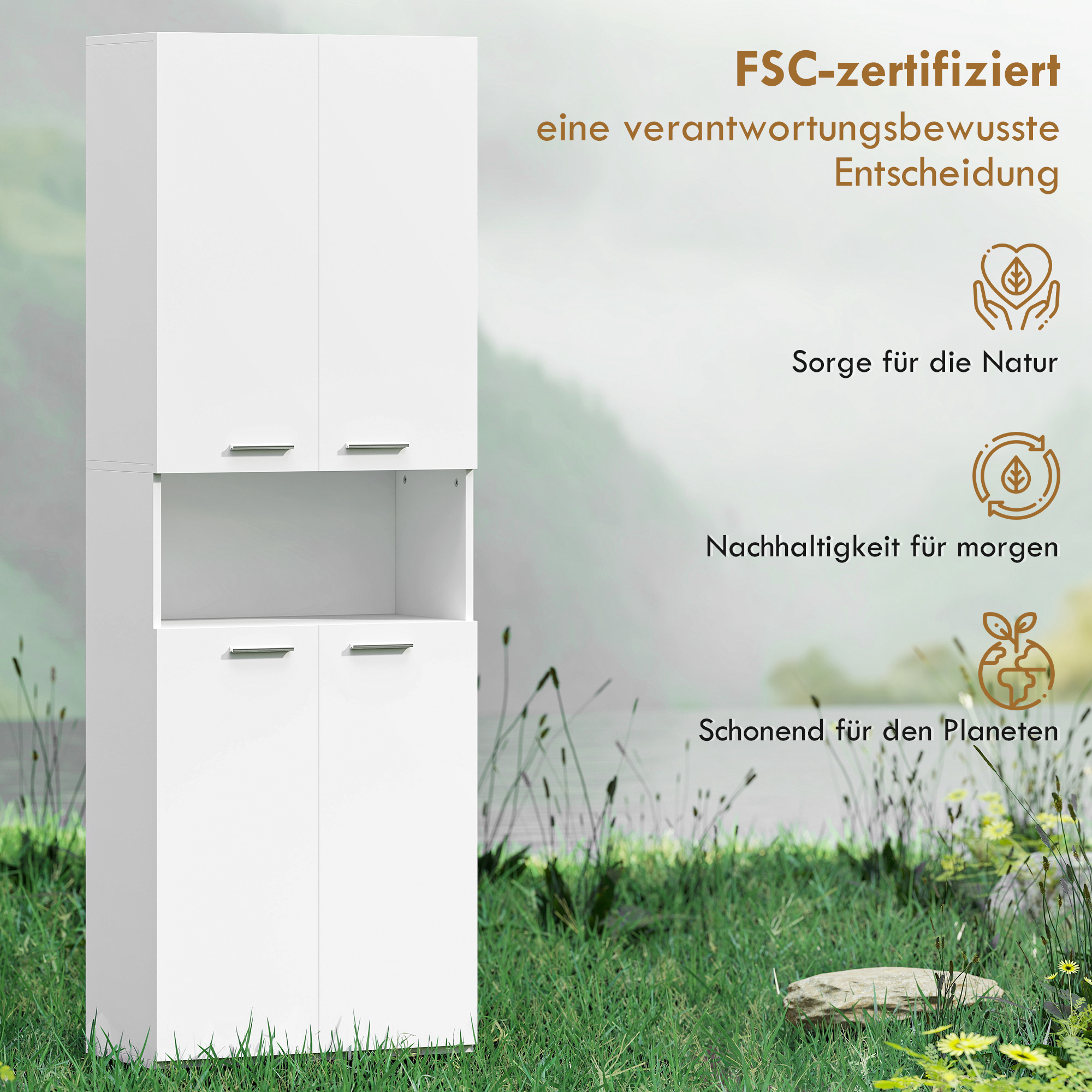 174cm hoher Badezimmerschrank mit ausklappbarem Wäschekorb und Soft-Close-Türen, Weiß