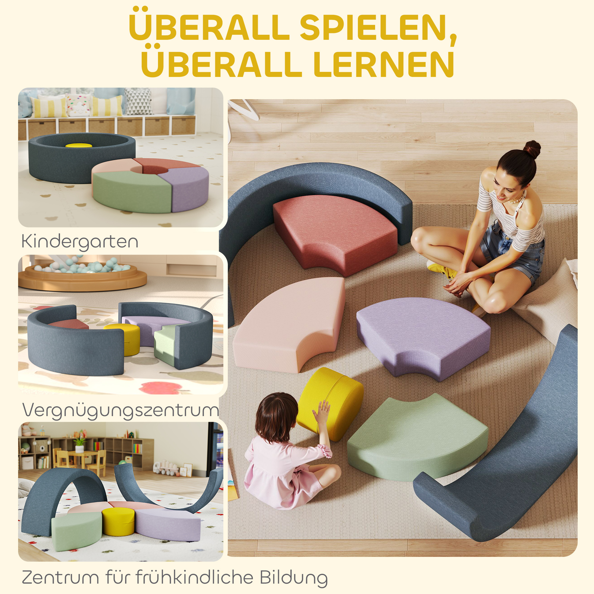 7-teiliges Weichbauklötze-Set für Kleinkinder, Schaumstoff, waschbarer Cordbezug, verschiedene Formen, Bunt