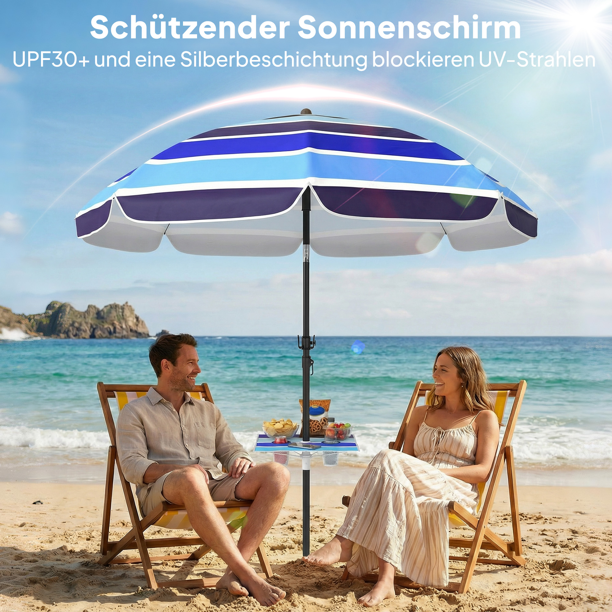 Sonnenschirm Strand Ø198 cm UV30+ Strandschirm mit klappbar Tisch Getränkehalter verstellbarer Neigung Mehrfarbig