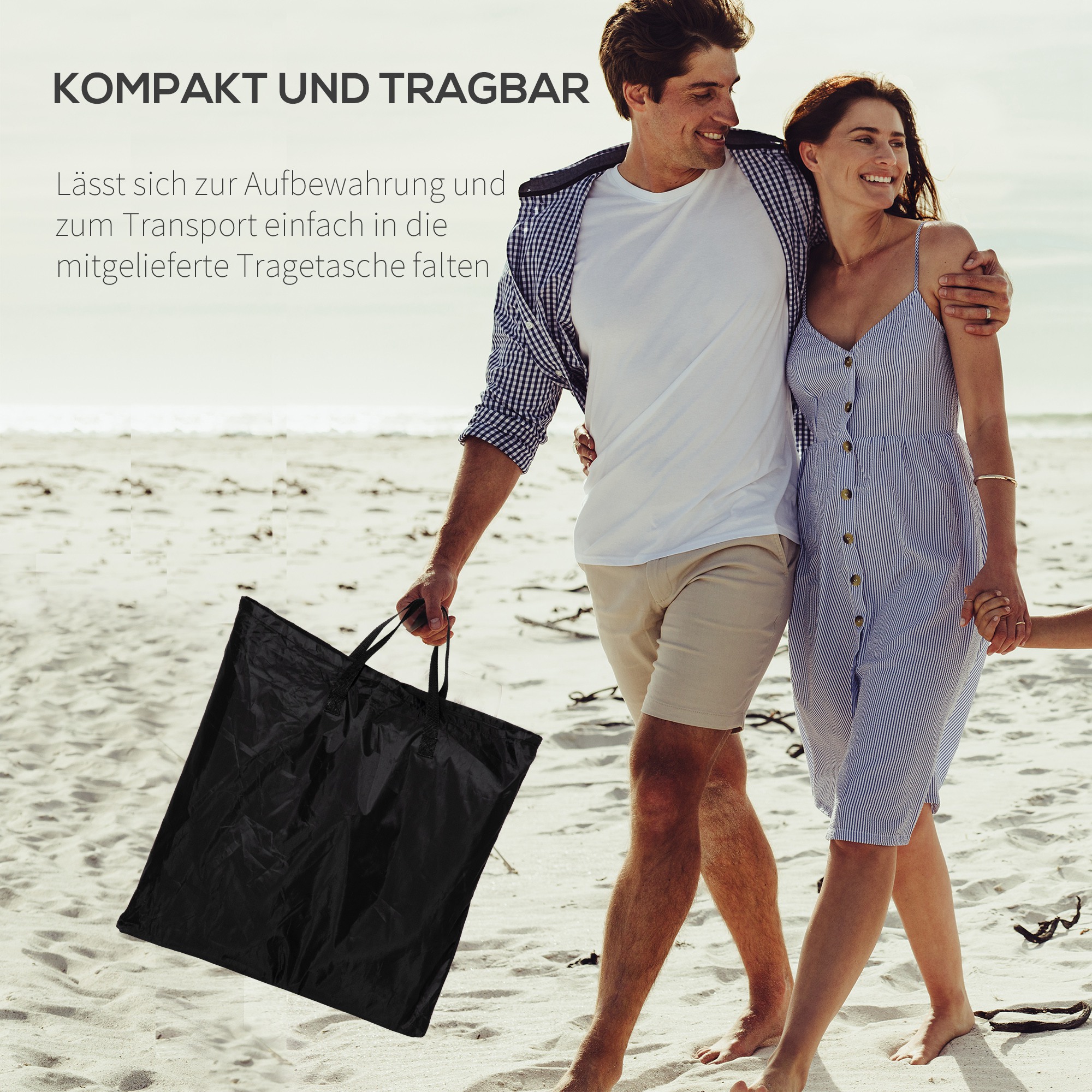 Strandliege Sonnenliege Gartenliege, klappbar, verstellbare Rücklehne, Seitentasche, 48 cm x 134 cm x 33-43 cm, Schwarz