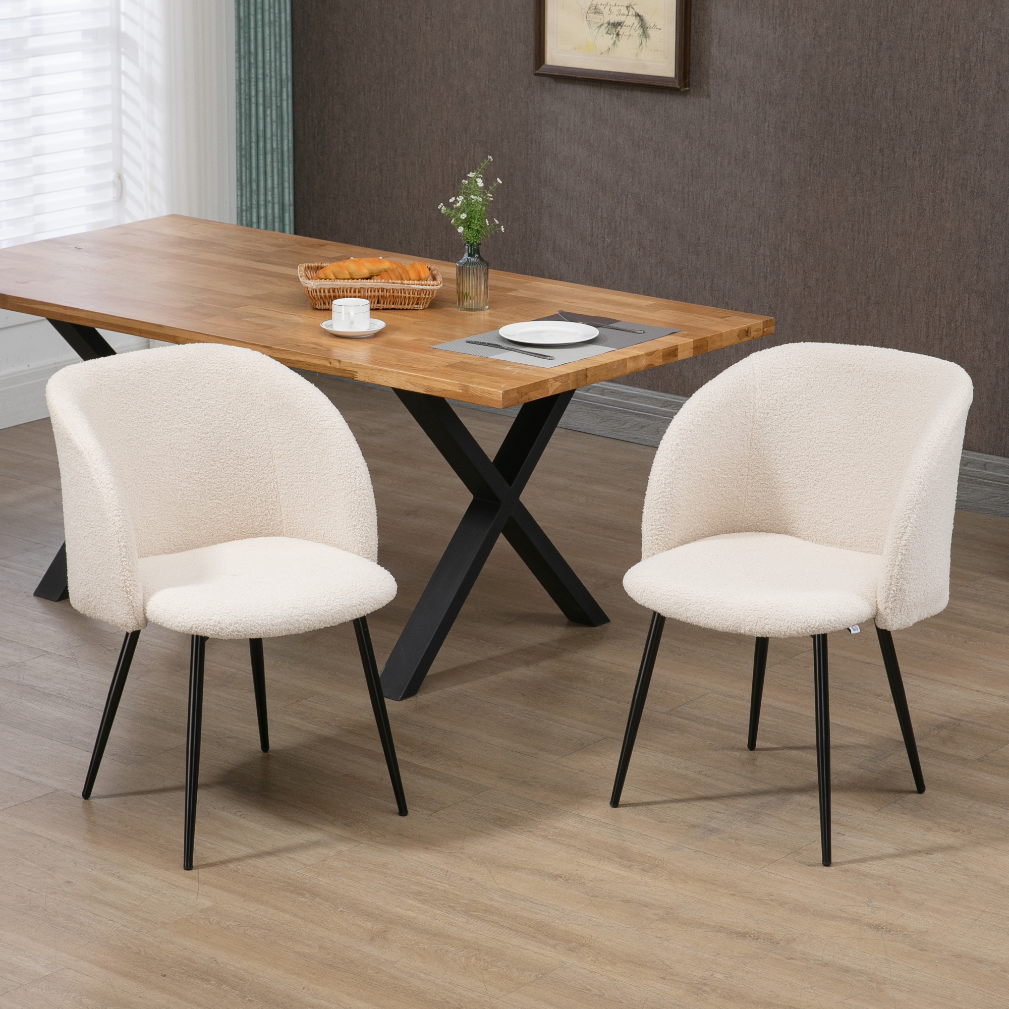 2er-Set Esszimmerstühle, Polsterstühle mit Stoffbezug, Küchenstühle mit Stahlbeinen, gewölbte Rückenlehne, Cremeweiß