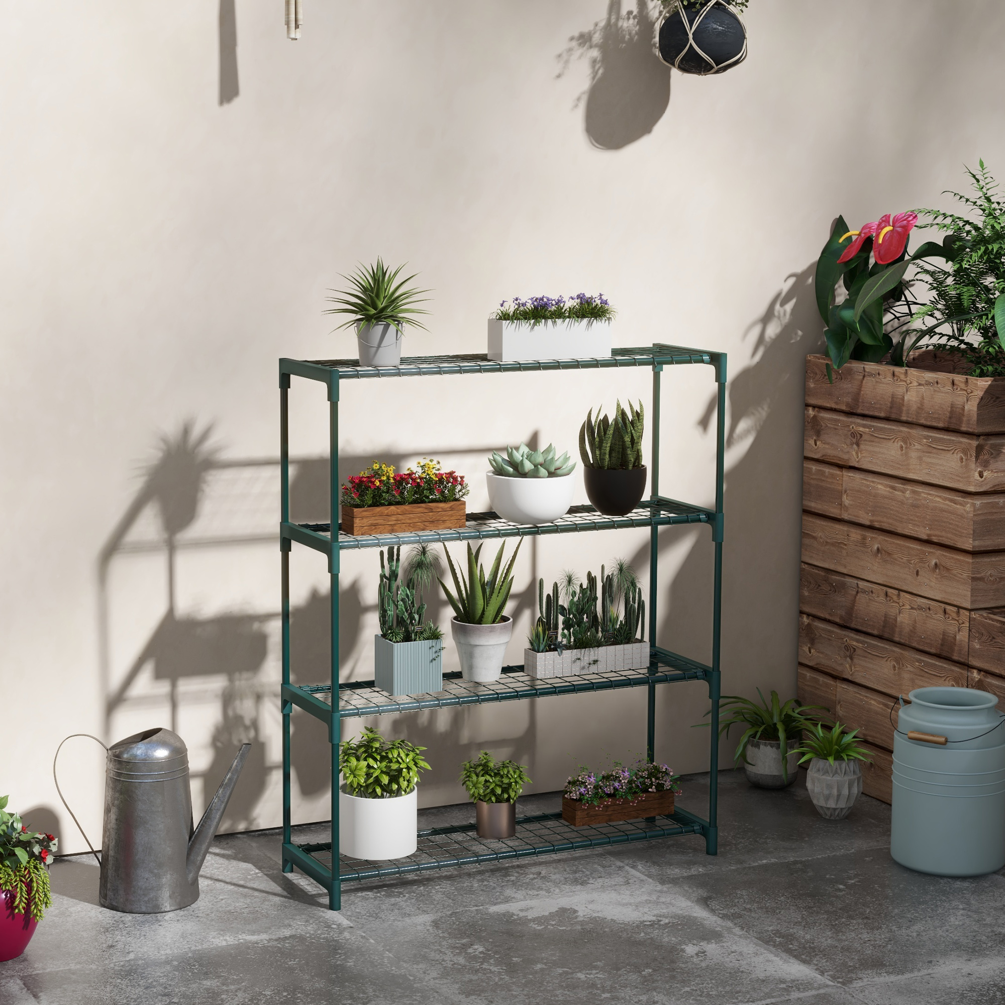Pflanzenregal Blumentreppe Pflanzentreppe, 4 Regale, 89 cm x 28 cm x 107 cm, Dunkelgrün