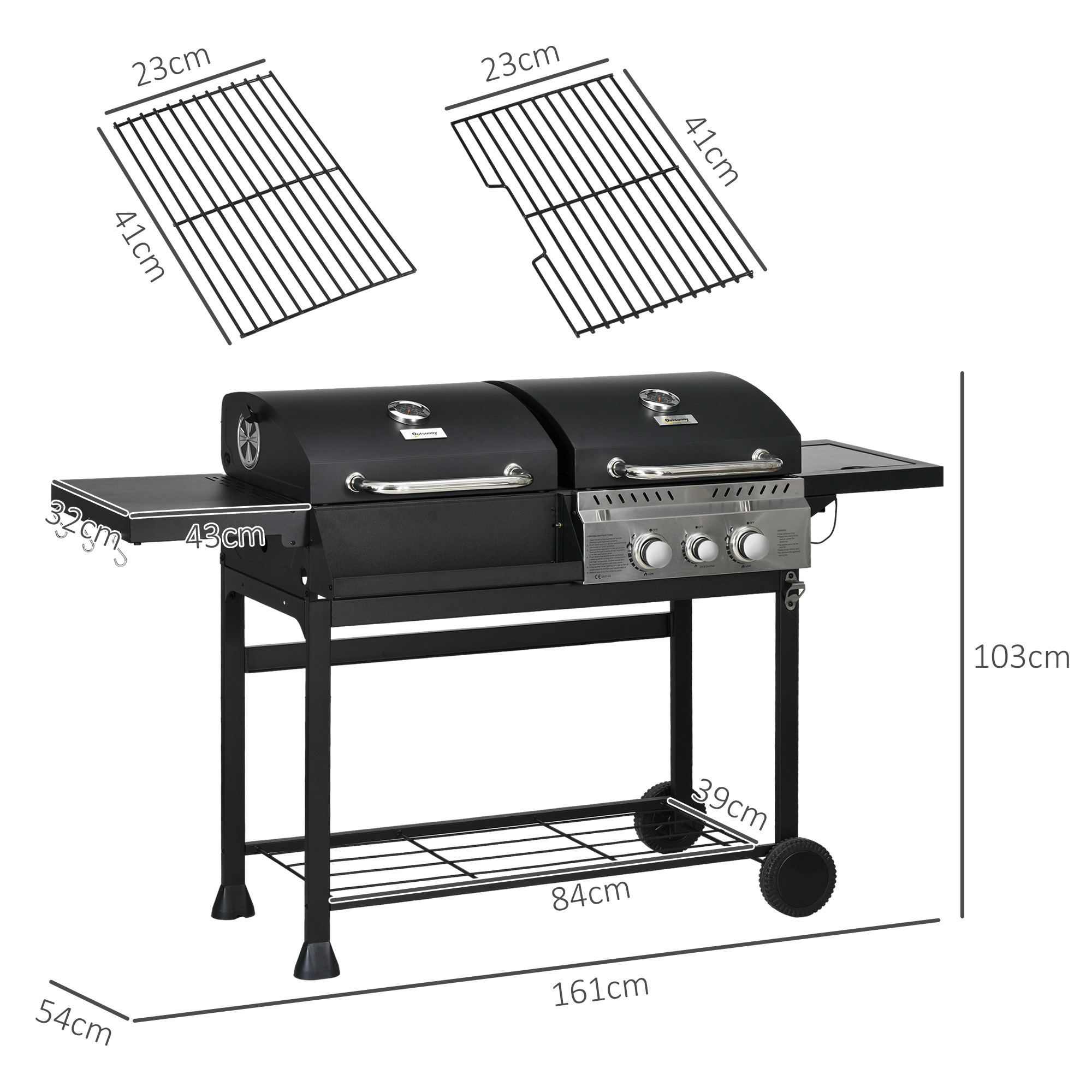 Gasgrill BBQ-Grill, inkl. Thermometer, Warmhalteplatten, 161 x 54 x 103 cm, Schwarz + Silber