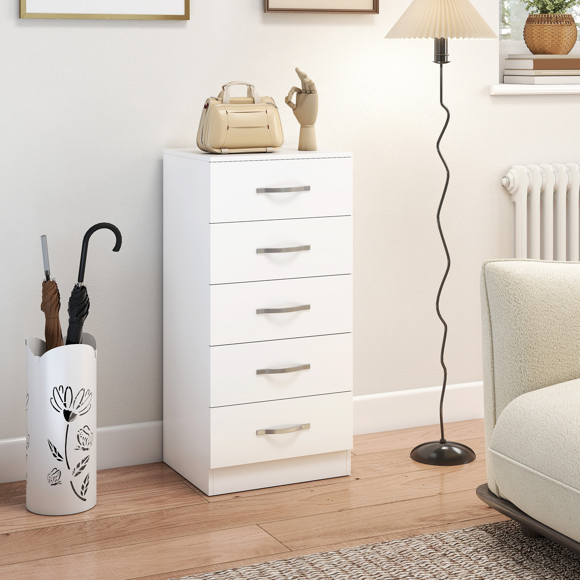 Kommode mit 5 Schubladen, Schubladenschrank für Kleidung und Utensilien, Spanplatte, Weiß