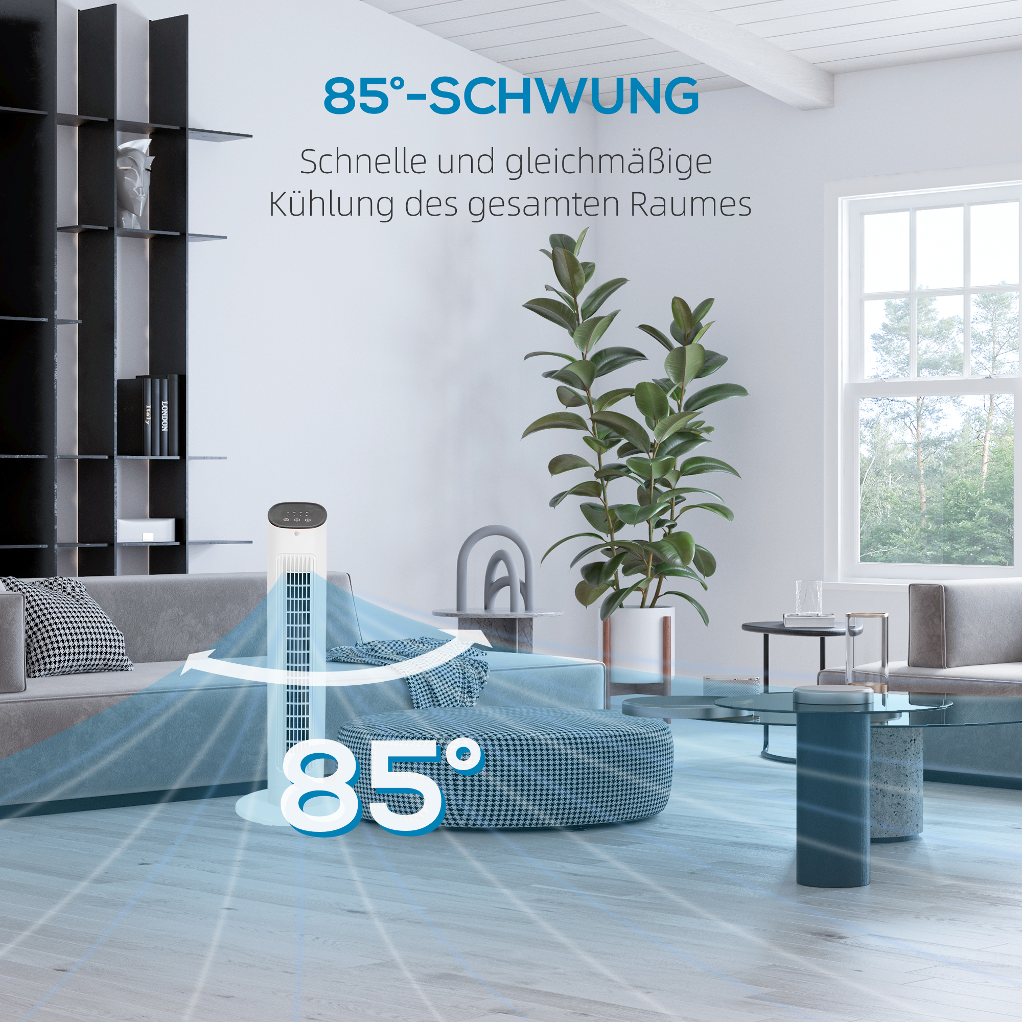 85° oszillierender Turmventilator mit Fernbedienung 3 Geschwindigkeiten 2 Modi Timer LED-Display 30x30x78 cm Weiß