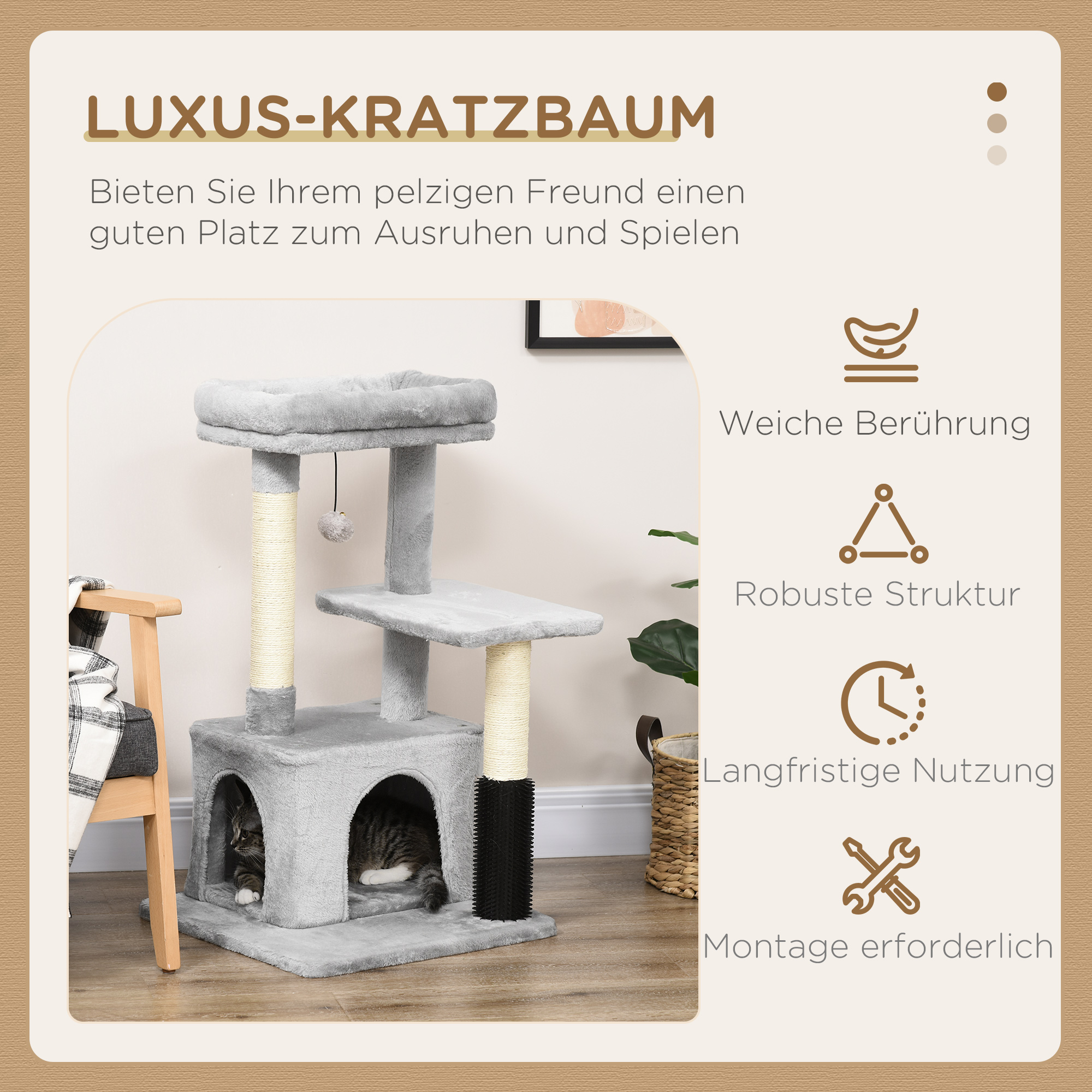 Kratzbaum Katzenbaum mit Massageecke Katzenhöhle Spielball Katzenkratzbaum Sisalseil-Kratzstangen Hellgrau 48 x 48 x 85 cm