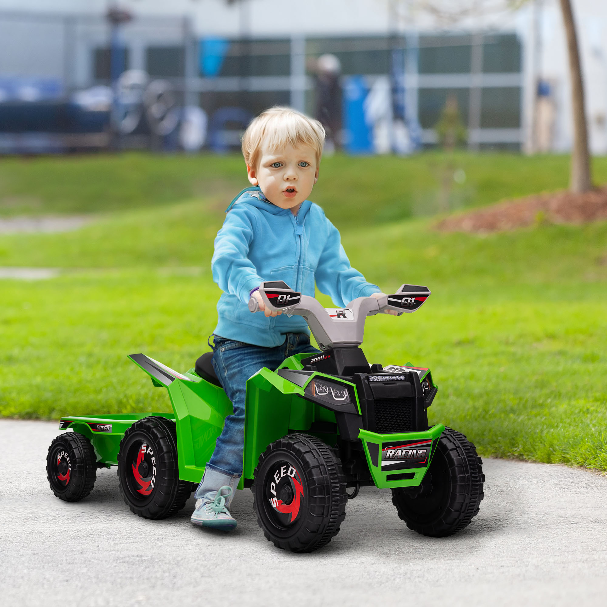 Kinderquad, aufladbar, 2,5 km/h, mit Anhänger, 50 Min, Fahrzeit, für Kinder 1,5 bis 3 Jahre, Grün