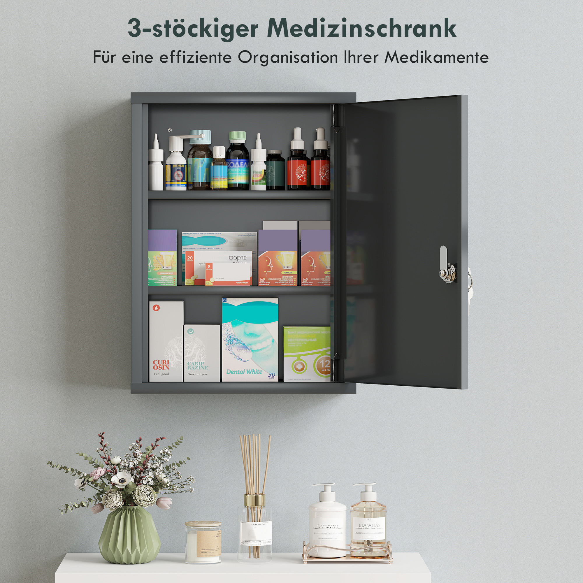 Medizinschrank zur Wandmontage mit Schloss, 3-stufiger Stahl-Wandschrank, 40 x 15 x 53,5 cm, Kohlegrau