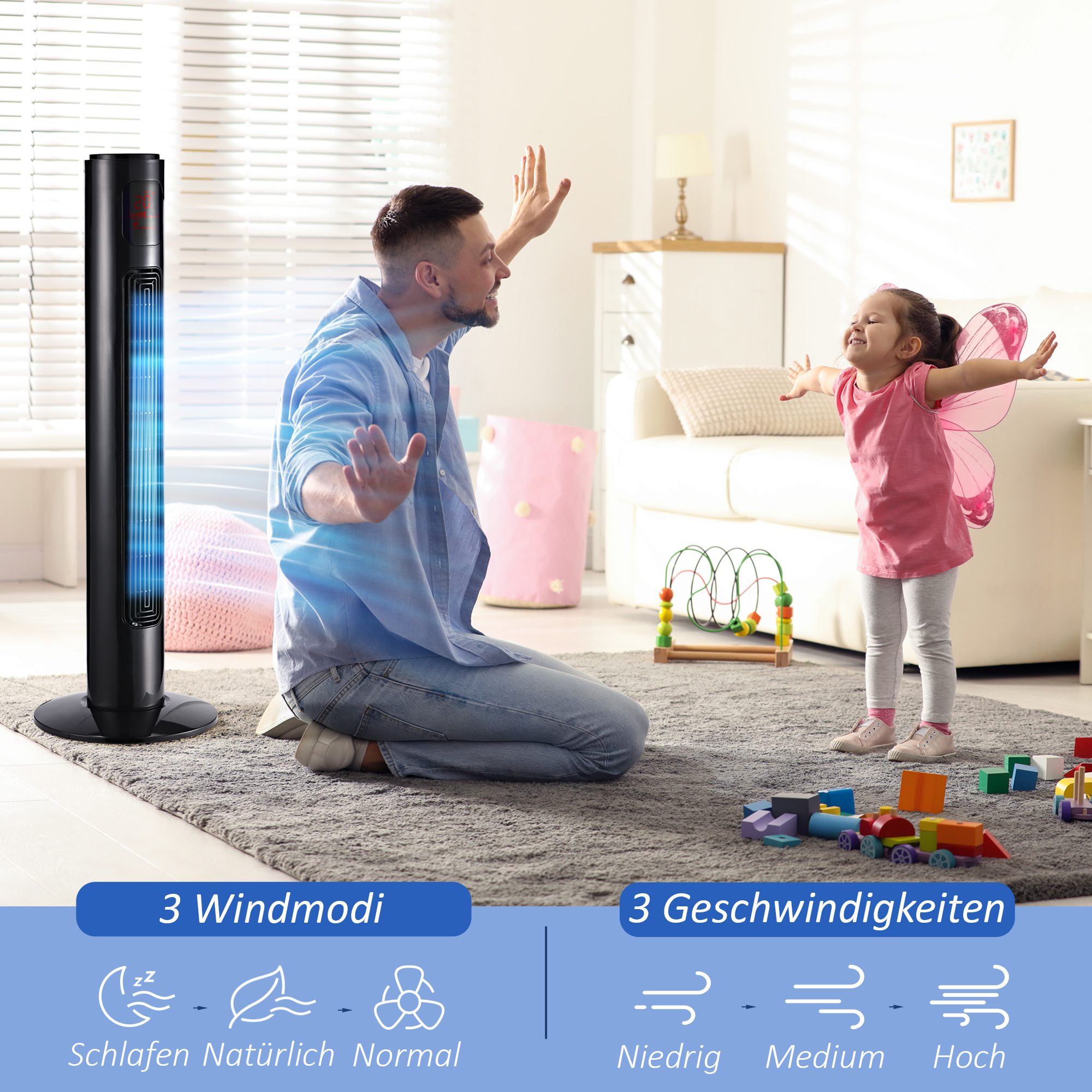 70° oszillierender Turmventilator mit Fernbedienung 3 Modi 3 Geschwindigkeiten Timer 32 x 32 x 96 cm Schwarz