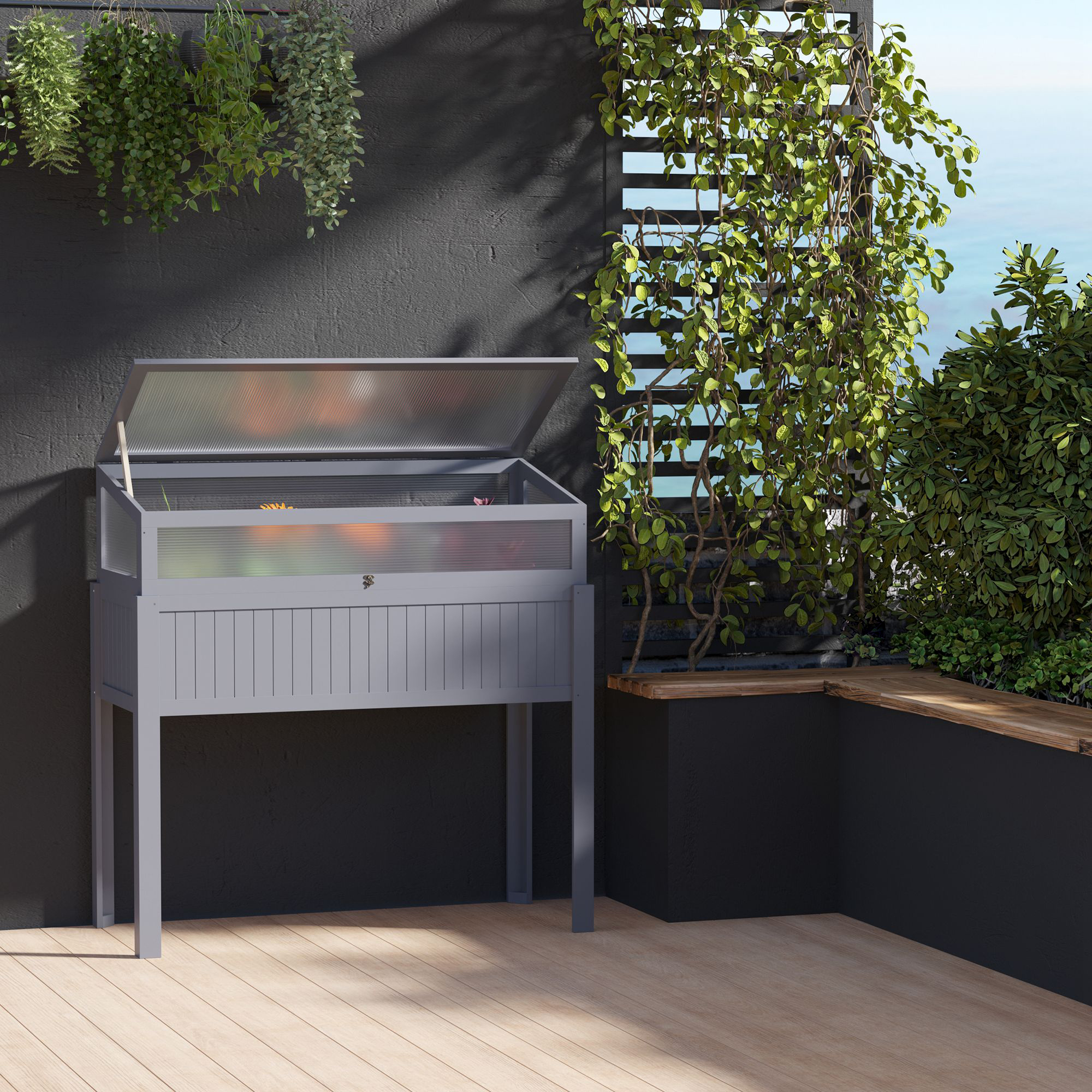 Hochbeet Holz mit Frühbeet 2-in1 Gewächshaus Tomatenhaus Gemüsebeet Kräuterbeet Pflanzkasten für Garten Balkon und Terrasse Polycarbonat Grau 120 x 54 x 112/122 cm