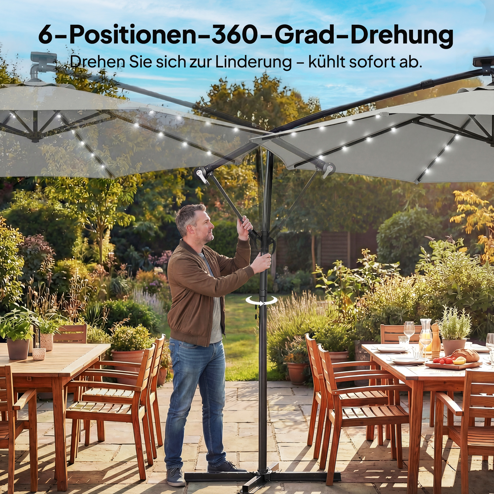 Ampelschirm LED Solar ca. Ø300 cm Drehbar Sonnenschirm mit Kurbel Ständer Schutzhülle Hellgrau