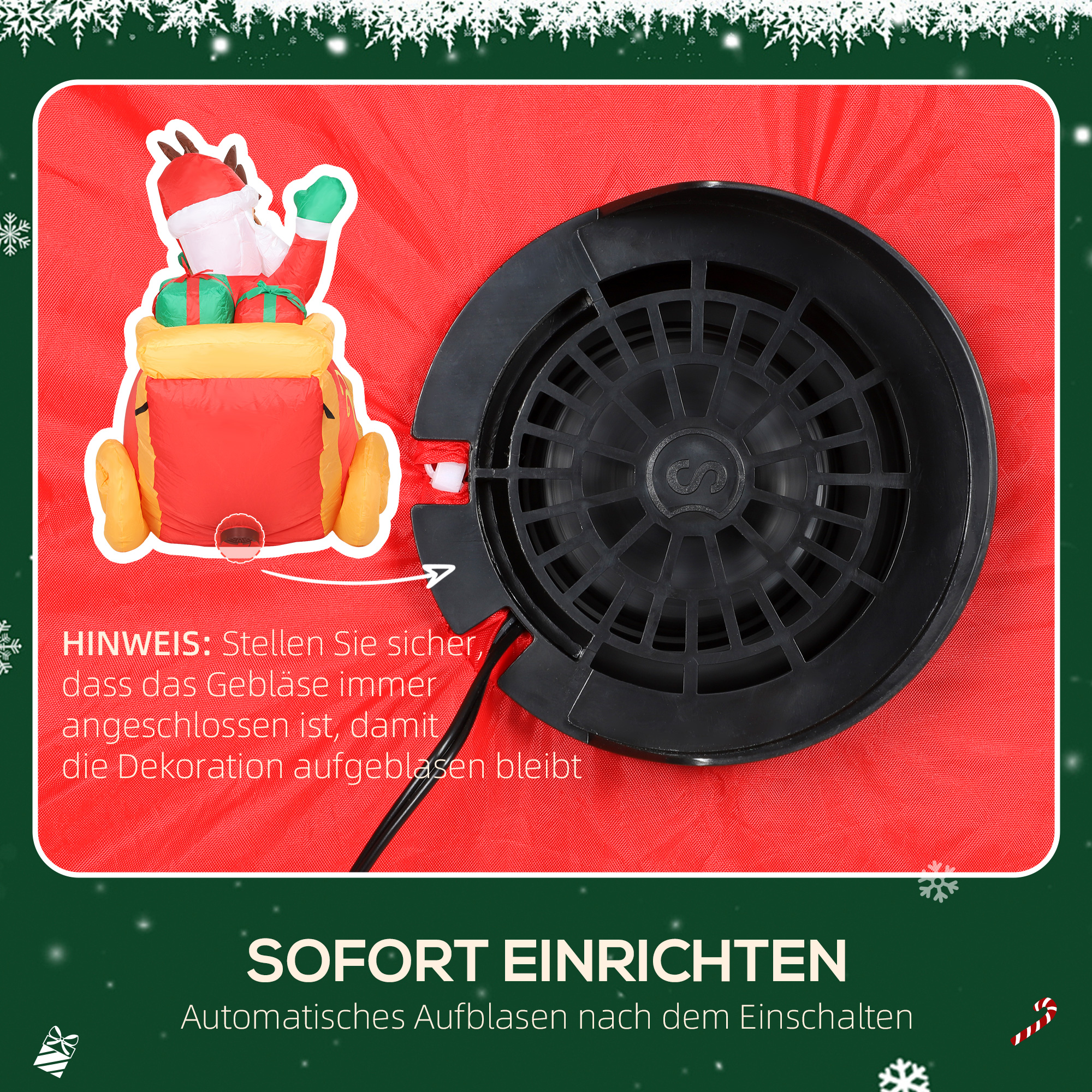 Aufblasbare Weihnachtsdekoration, Weihnachtsmann im Rentierschlitten, Polyester