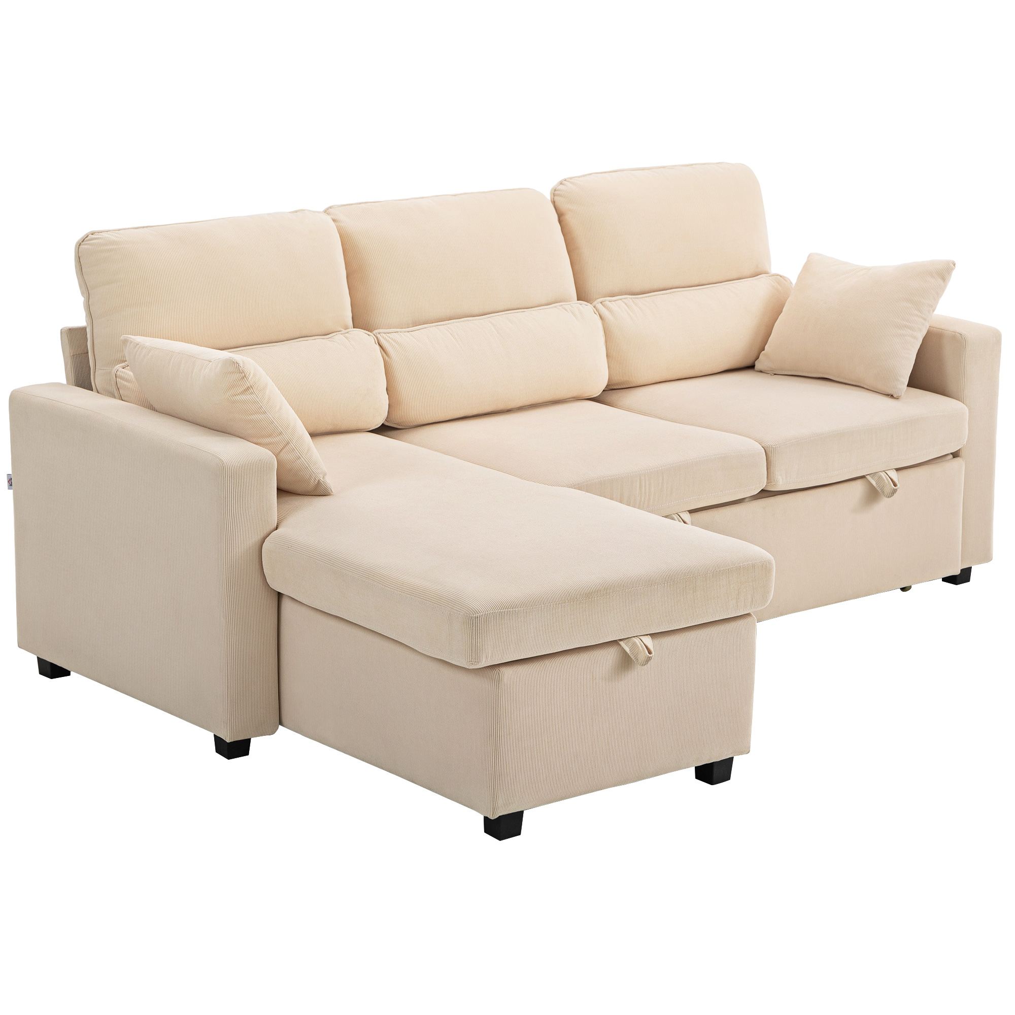 Verstellbares Bettsofa, L-förmiges Gästesofa mit Bettfunktion, Stauraum, Kissen, für Wohnzimmer, Gästezimmer, Beige