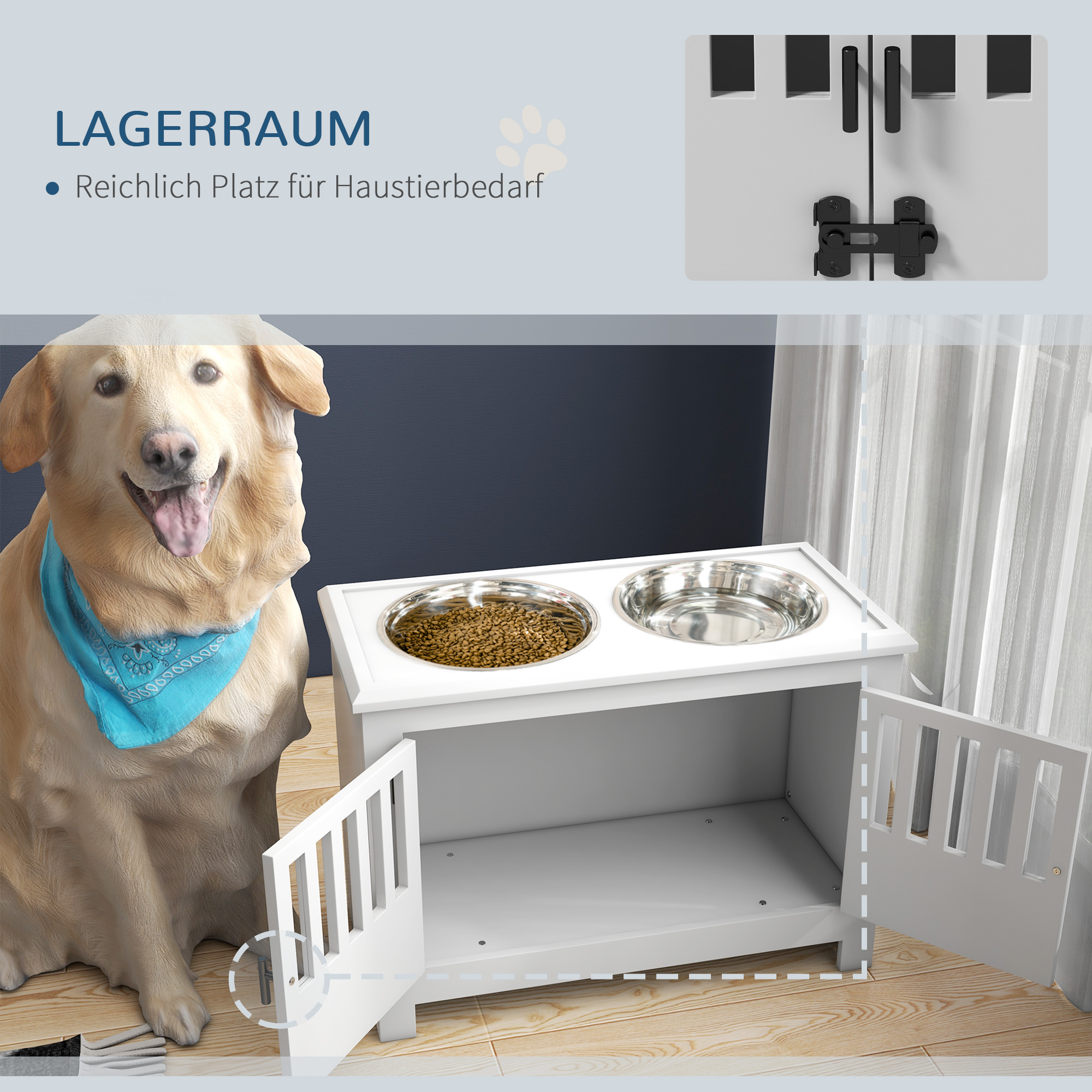 erhöhte Futterstation für große Hunde, 2 Edelstahlnäpfe, Stauraum, 35,5x60x30 cm, Weiß