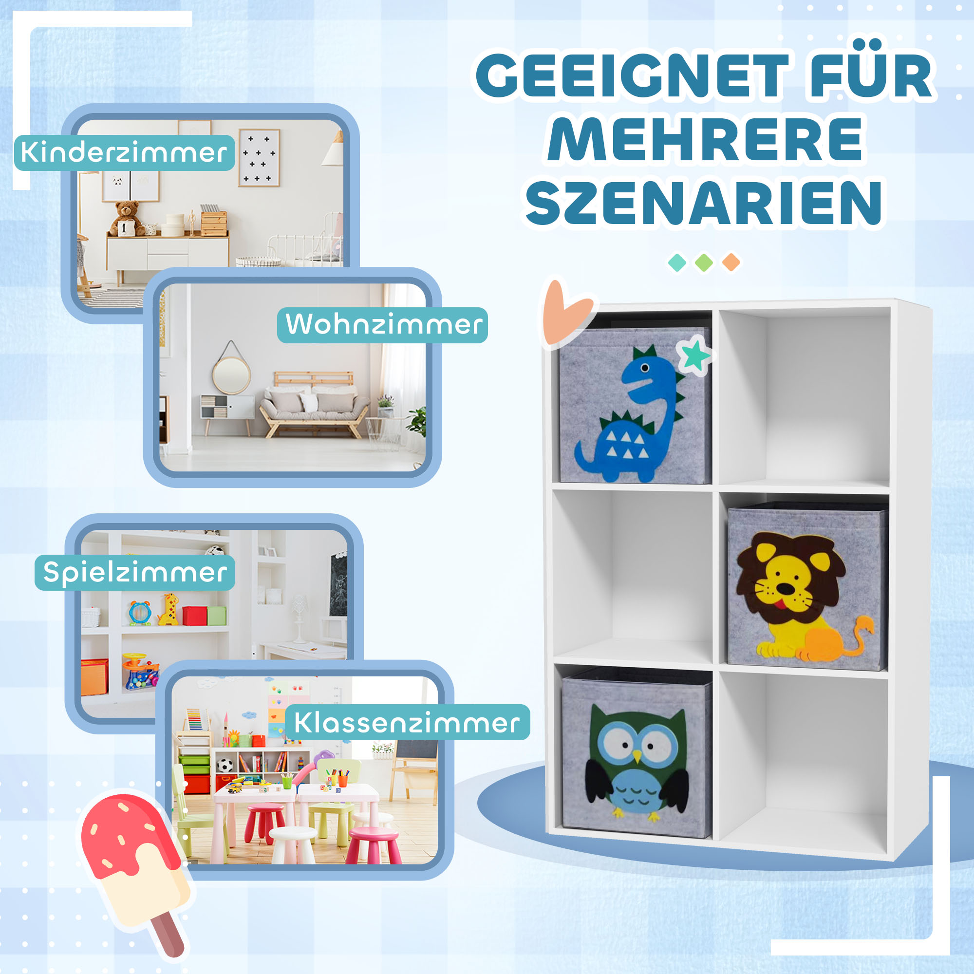 Aufbewahrungsregal für Kinder, Würfel, Schubladen, MDF, Kippschutz, Weiß