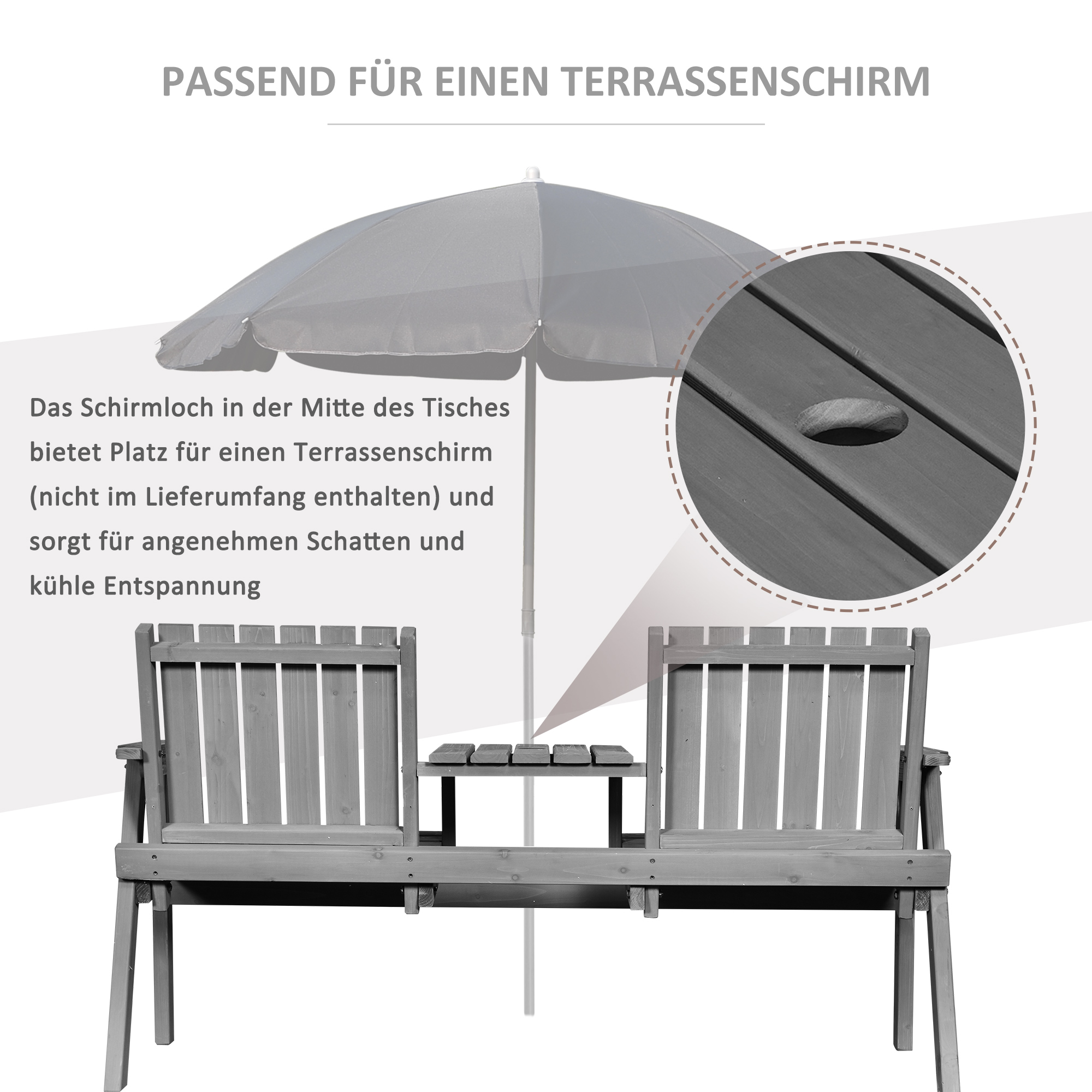 Gartenbank mit Tisch, Sitzgruppe, Gartenmöbel, mit Regenschirmloch, Sitzbank, 2 Stühle, Massivholz, Grau, 152 x 70 x 83 cm