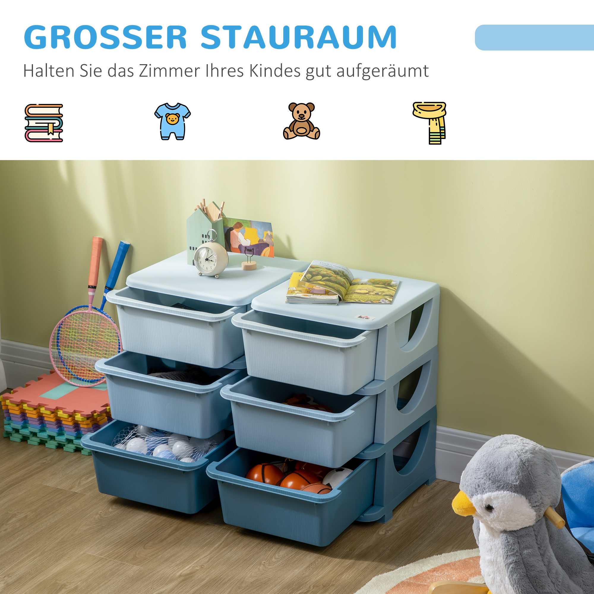 Aufbewahrungsbox für Kinder, Kinder-Aufbewahrungsbox, 3 Schubladen, Blau