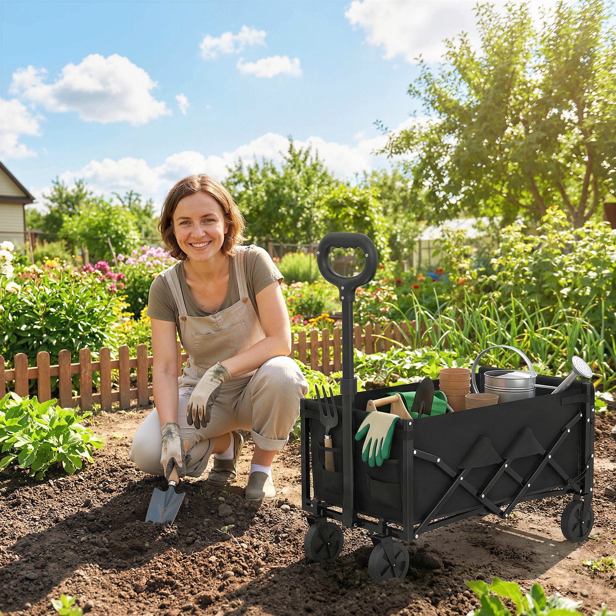 Bollerwagen 60L faltbarer Handwagen Gartenwagen Transportwagen mit Teleskop Griff Heckklappe Getränkehalter