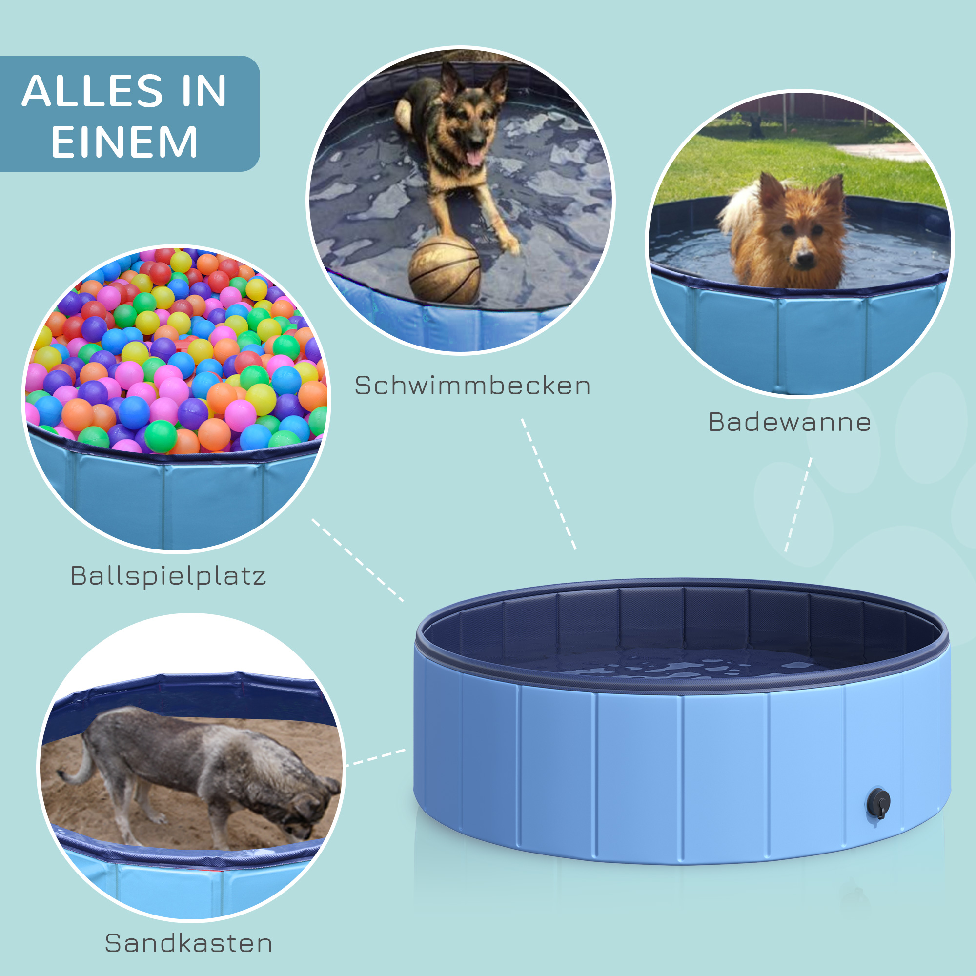 Hundebadewanne faltbar Badewanne Hundepool Plantschbecken Swimmingpool Wasserbecken für Hunde und Katzen Schwimmbecken Kunststoff+Holz Blau Ø100 x H30 cm