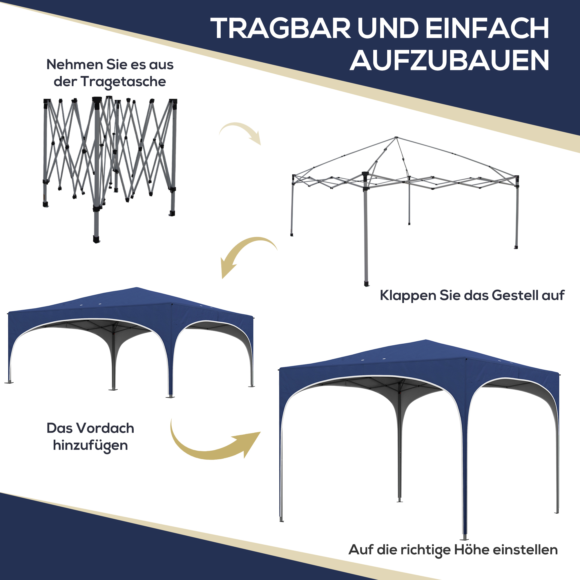 Faltpavillon, höhenverstellbar, Metallstützen, robuste Plane, inkl, Tragetasche, 2,95 x 2,95 x 2,55m, Dunkelblau