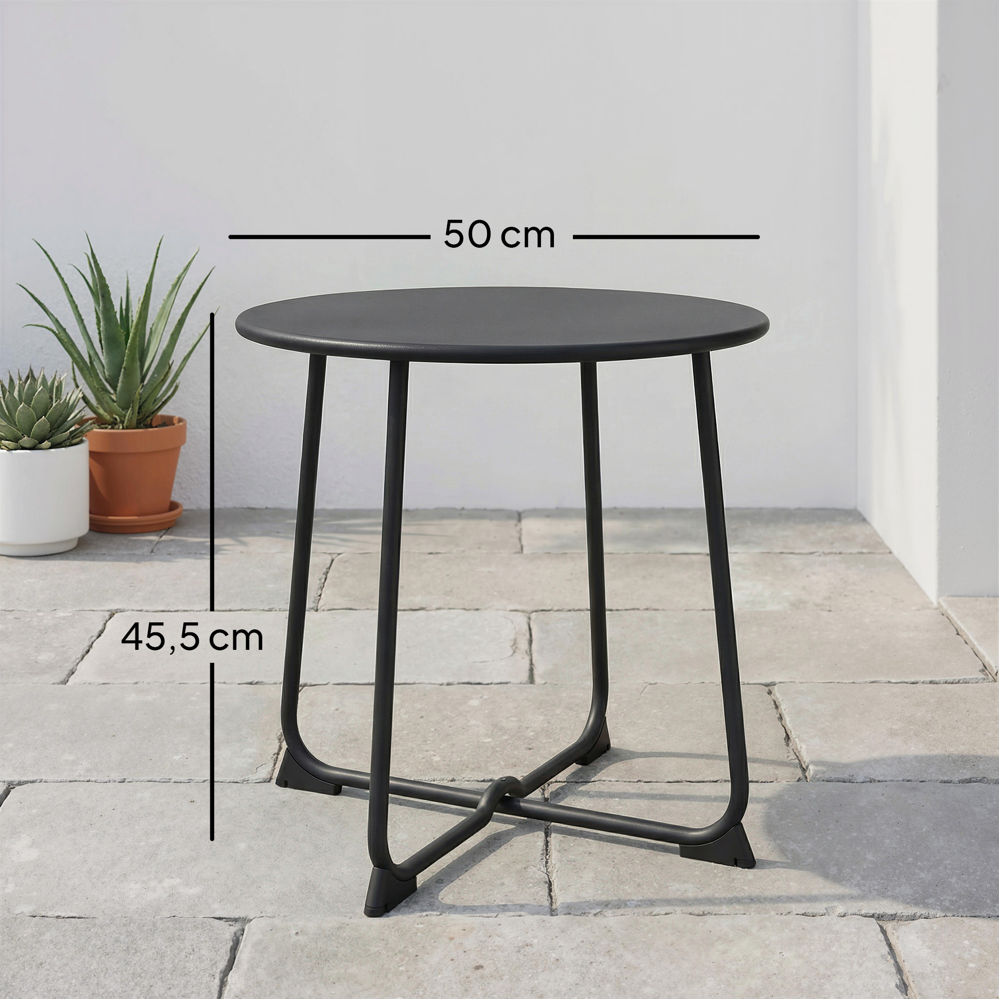 50cm runder Outdoor-Tisch, Metall Gartencouchtisch mit X-förmigem Gestell und rutschfesten Füßen, Schwarz
