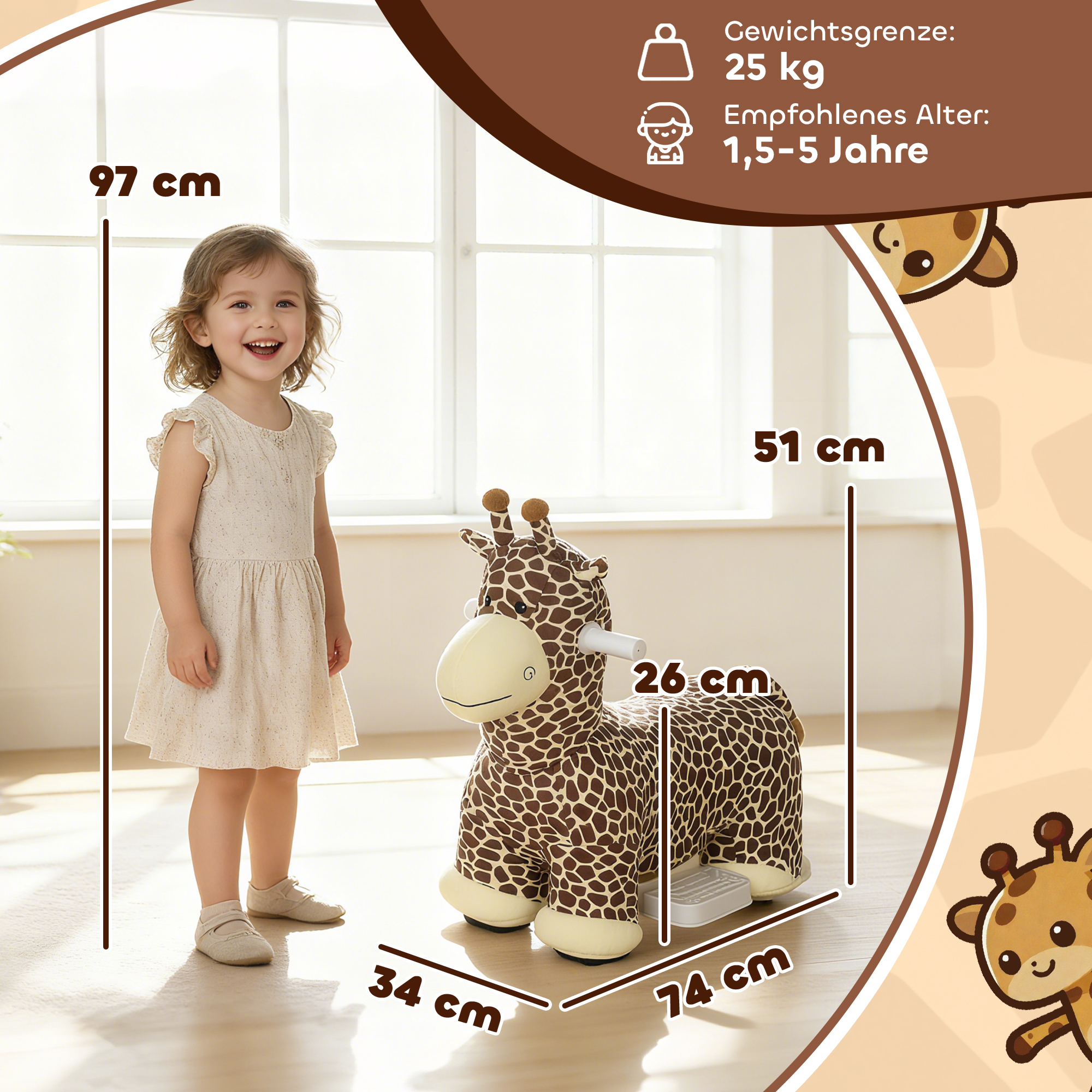 Giraffe zum Reiten, fahrendes Reitpferd in Giraffenform, Batteriebetrieb, waschbarer Bezug, Pedale, leise Räder, Musik, 1,5-5 Jahre, Braun