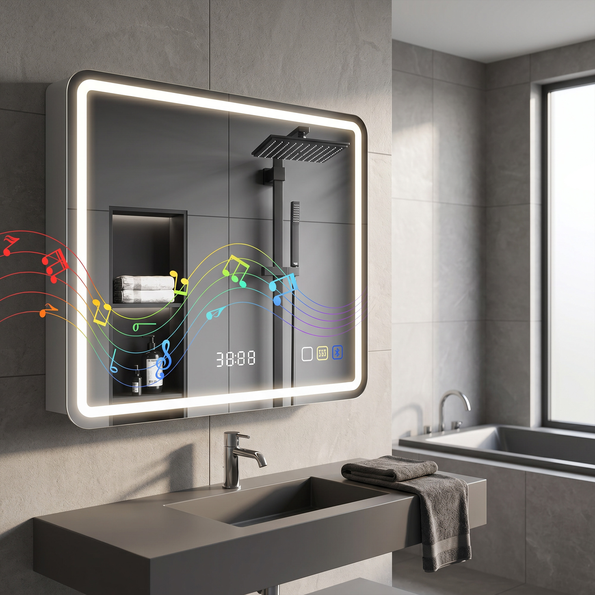 Badezimmerspiegel mit LED-Beleuchtung, Anti-Beschlags-Pad, 3 verstellbare Farben, Uhr, 600 x 800 mm, Silberfarben
