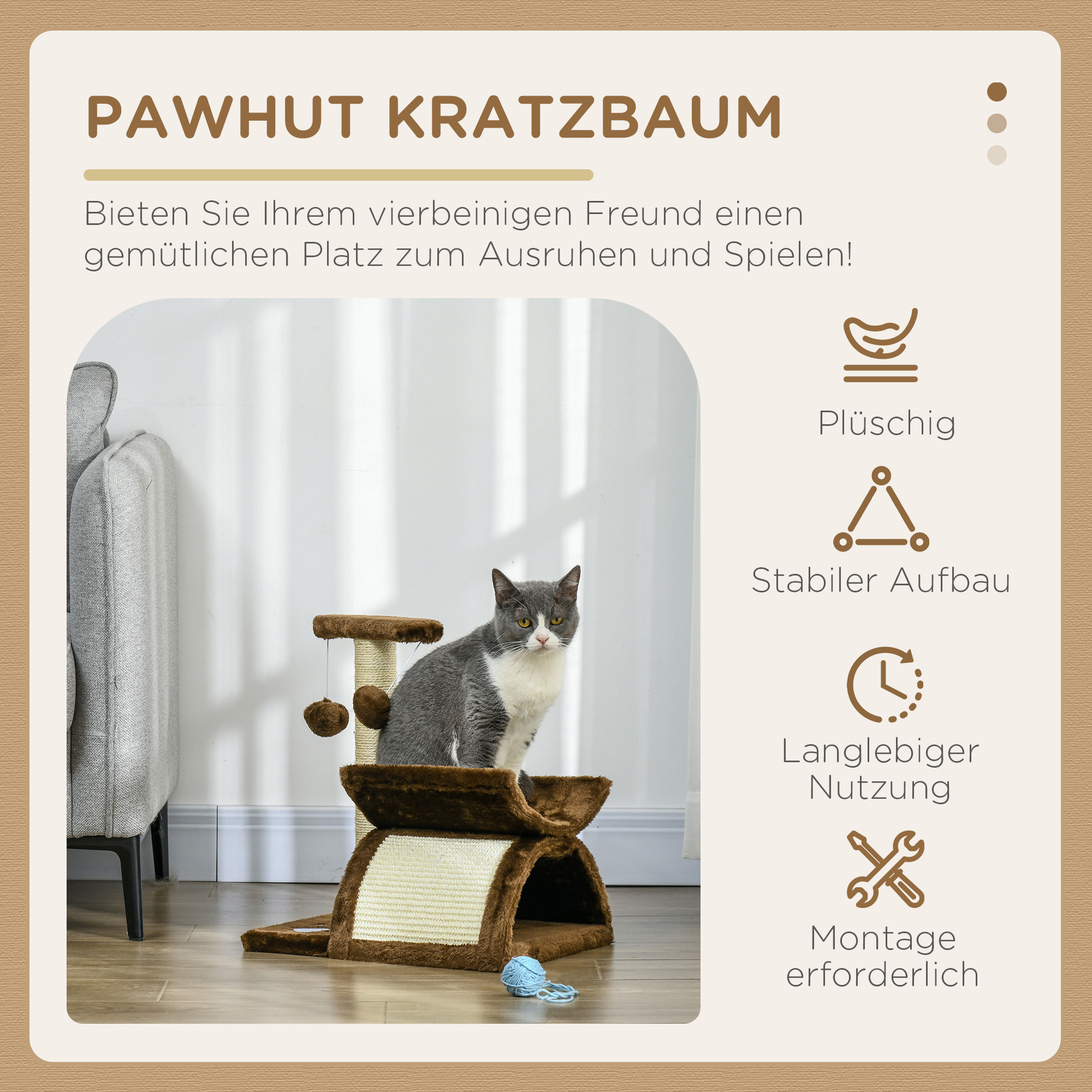 Kratzbaum 43 cm Kleiner Katzenbaum mit Tunnel, U-förmige Liegefläche, Katzenkratzbaum mit Kratzbrett, Spielball, Katzenmöbel für kleine Katzen, Braun
