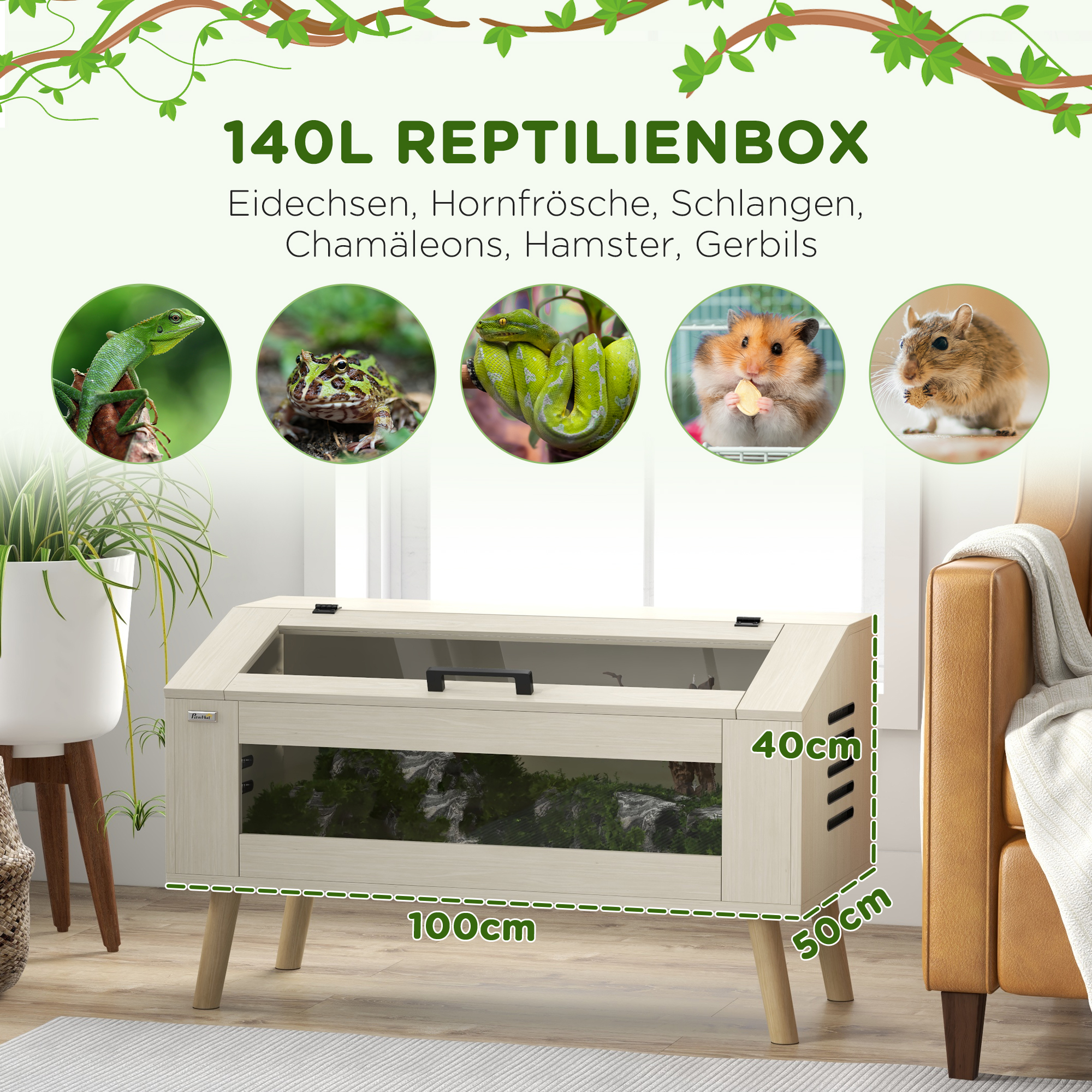 Reptilienbox, Eidechsenkasten, 140 Liter, Heizkissen-kompatibel, Glasfenster