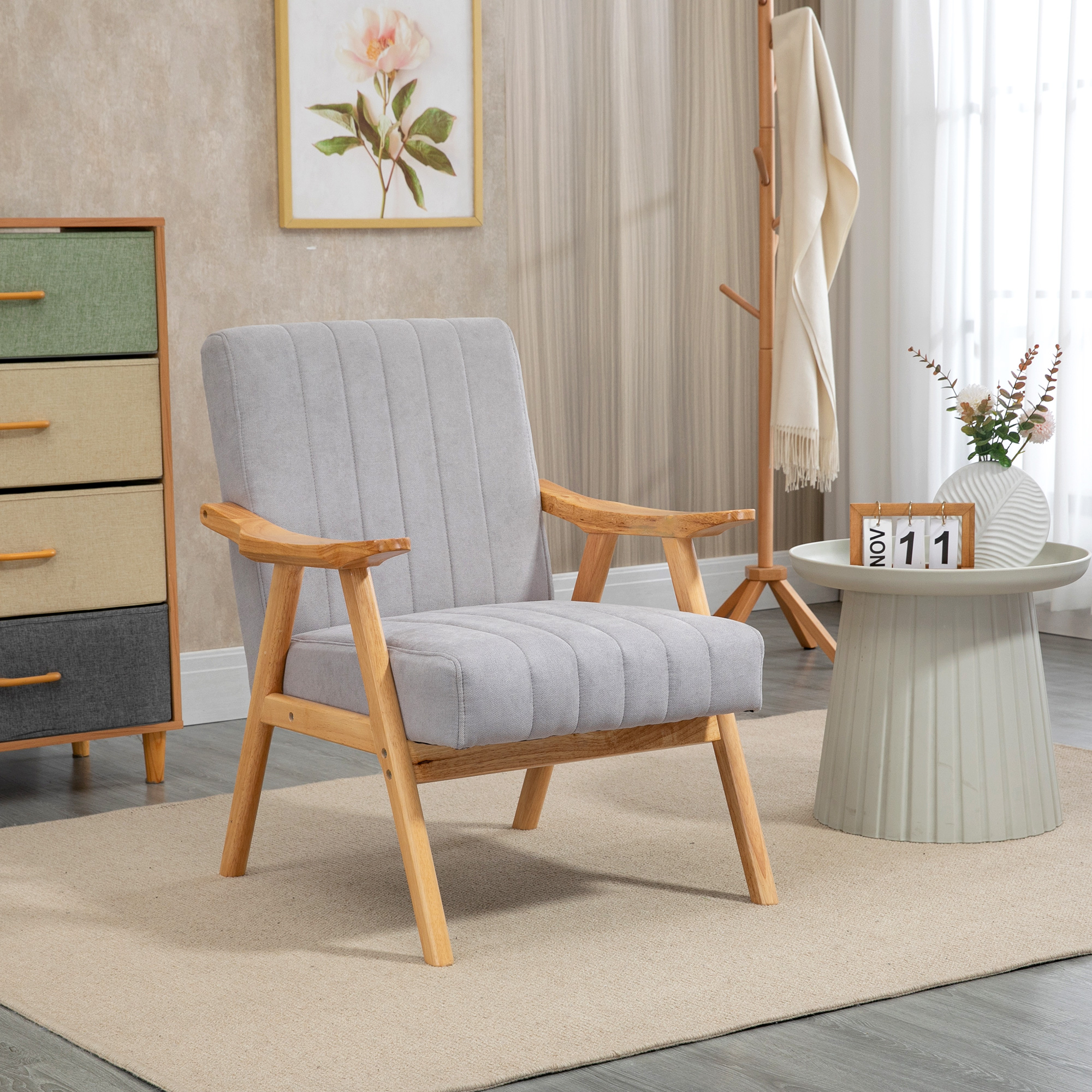 Sessel im Skandi-Design, bis 120 kg, Samtoptik, Massivholz; 68 cm x 74 cm x 82 cm, Natur + Grau