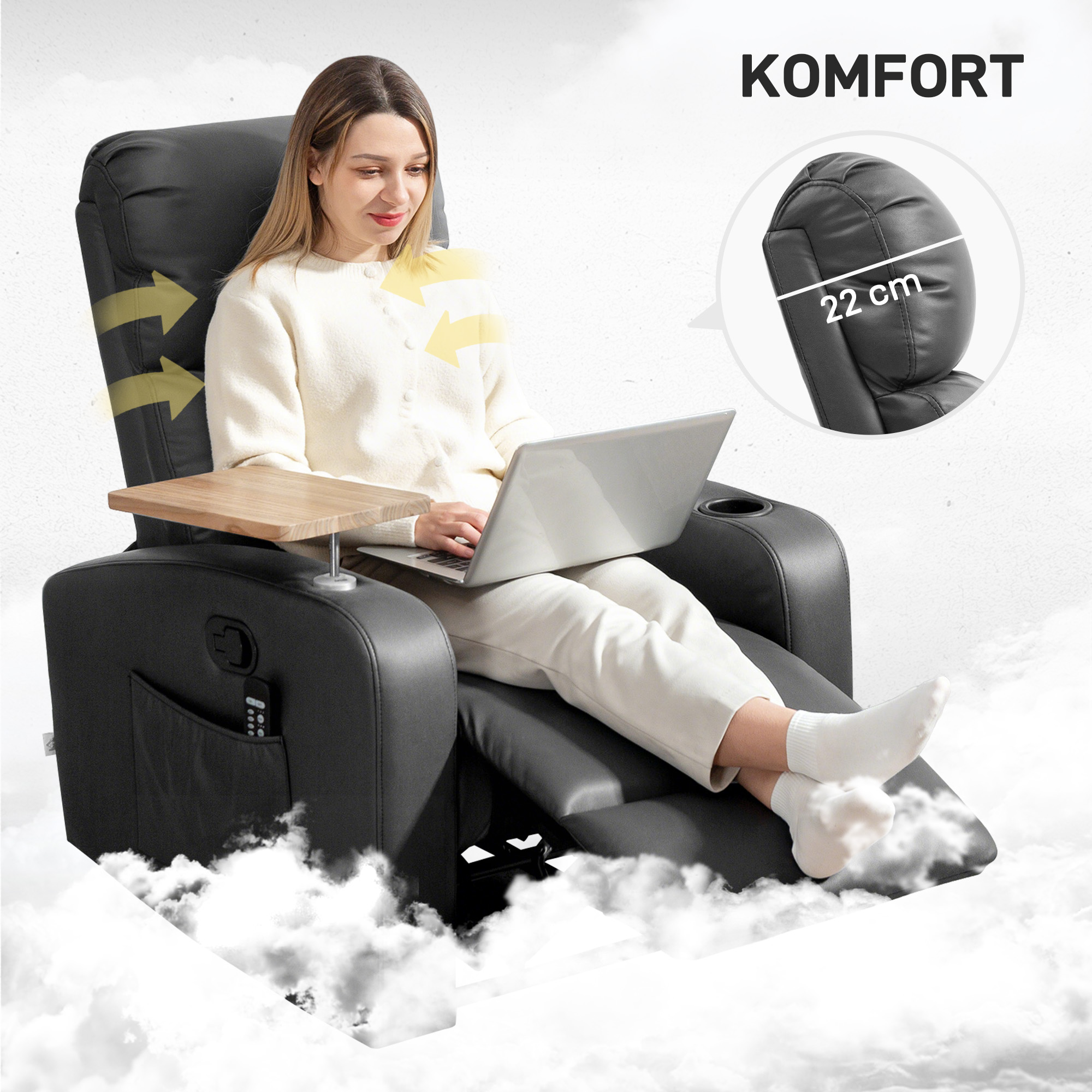 Massagesessel Relaxsessel Liegesessel, 1 Klapptisch, 1 Fußstütze; 77 cm x 93 cm x 105 cm, Schwarz