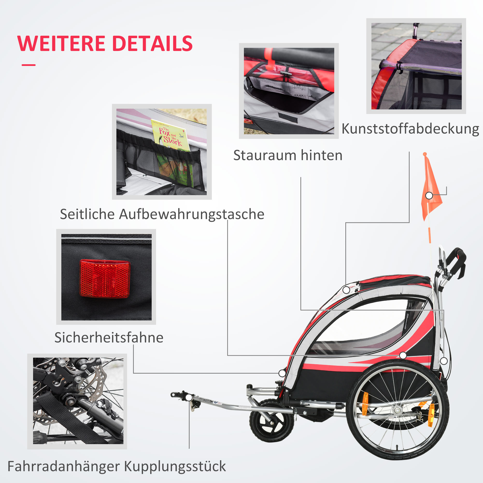 Kinderfahrradanhänger, 2-in-1, Joggerfunktion, wetterfeste Plane, Stahlrahmen, rot+schwarz, 142 x 75 x 101cm