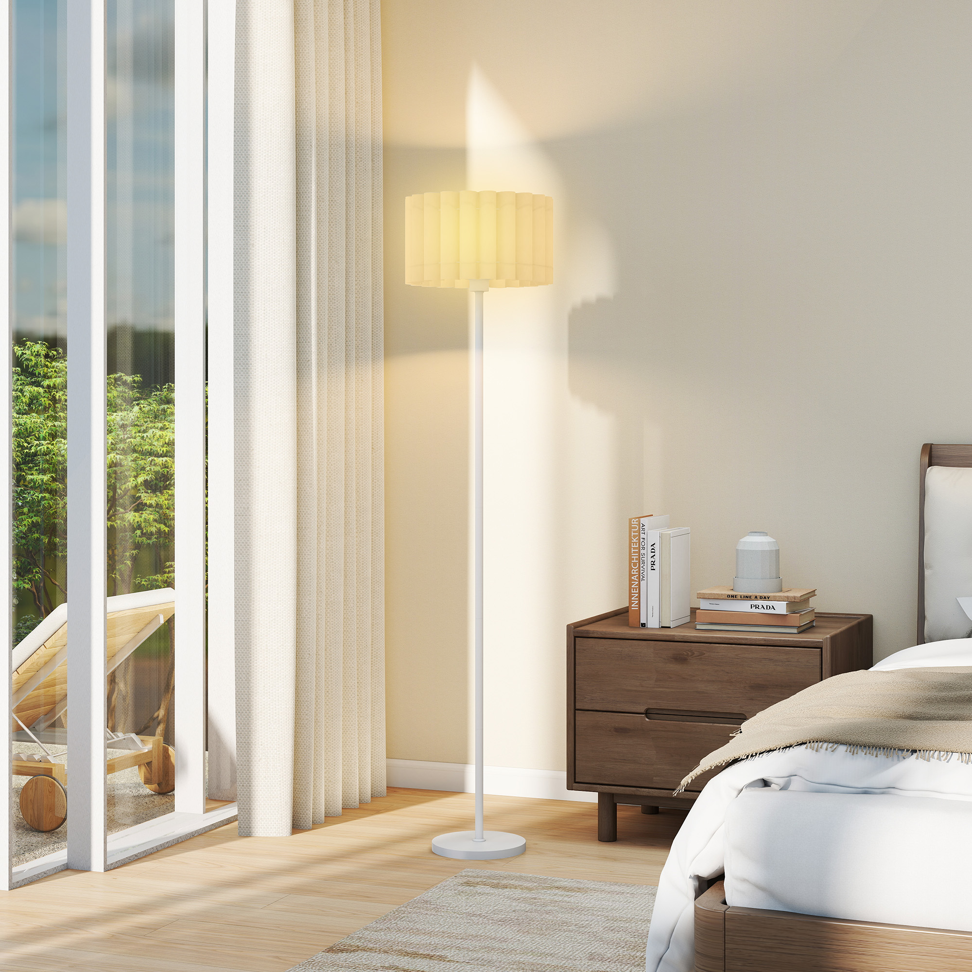 Stehlampe im Retro-Stil, Kunststoff-Lampenschirm, Fußschalter, Metallstab, Weiß