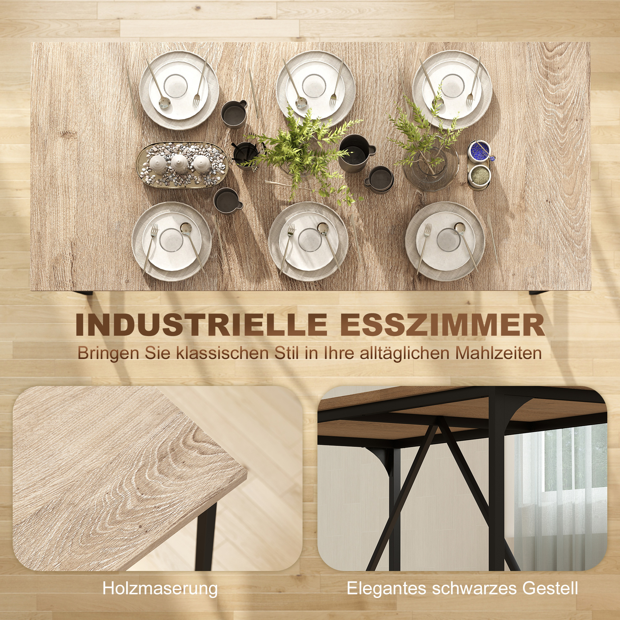Esstisch für 6-8 Personen Moderner Rechteckiger Küchentisch mit Holzoptik, 180 x 80 x 75,5 cm, Natur