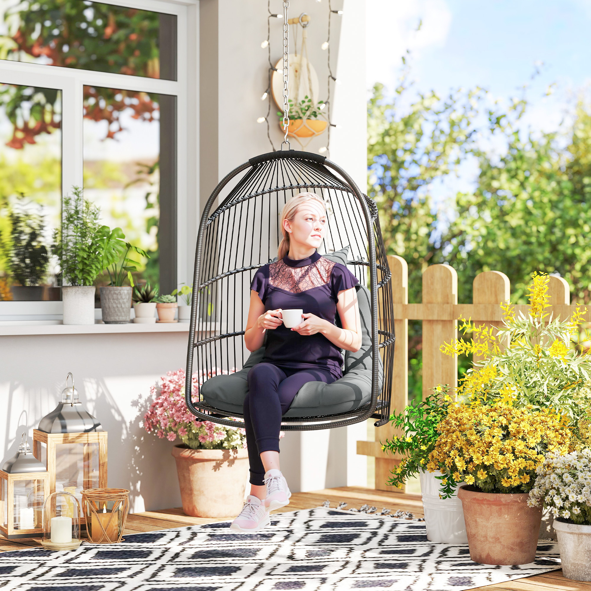 Hängesessel Hängekorb mit Kissen Polyrattan Schaukel Outdoor Indoor faltbar belastbar bis 150kg Dunkelgrau