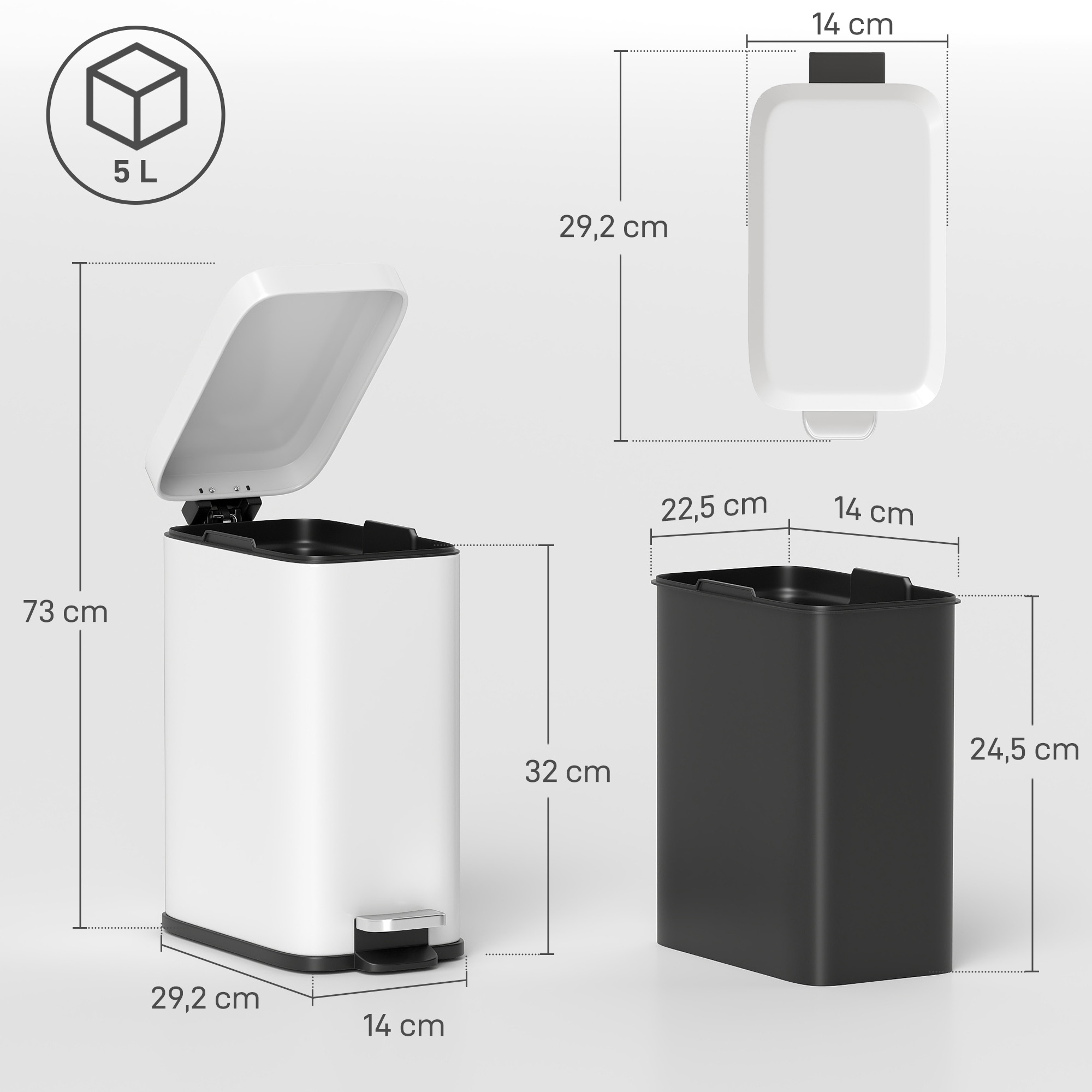 Mülleimer aus Metall, Abfalleimer, 5 L Fassungsvermögen, mit Fußpedal, mit Inneneimer, Weiß