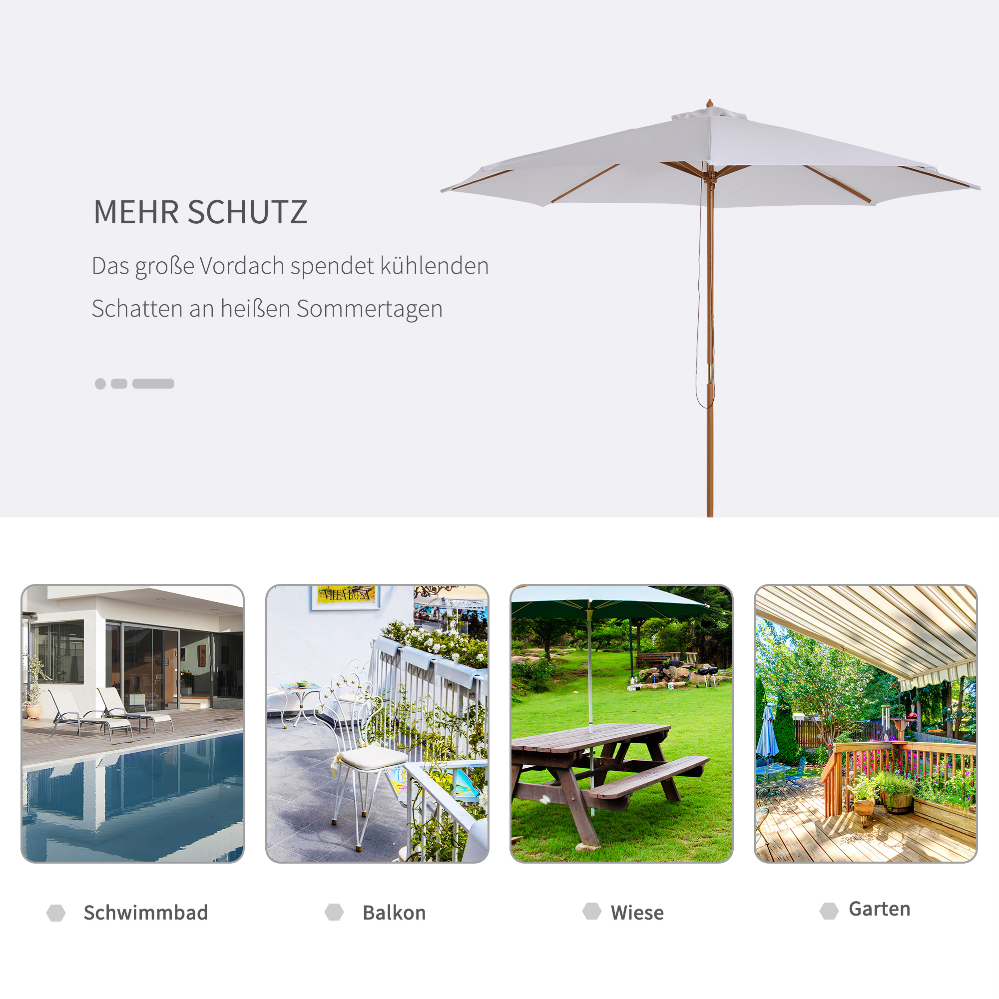 Sonnenschirm Ø 300 cm, Sonnenschirm mit UV Schutz Balkonschirm aus Holz Strandschirm stabil Marktschirm Sonnenschutz für Strand Terrasse Garten, Weiß