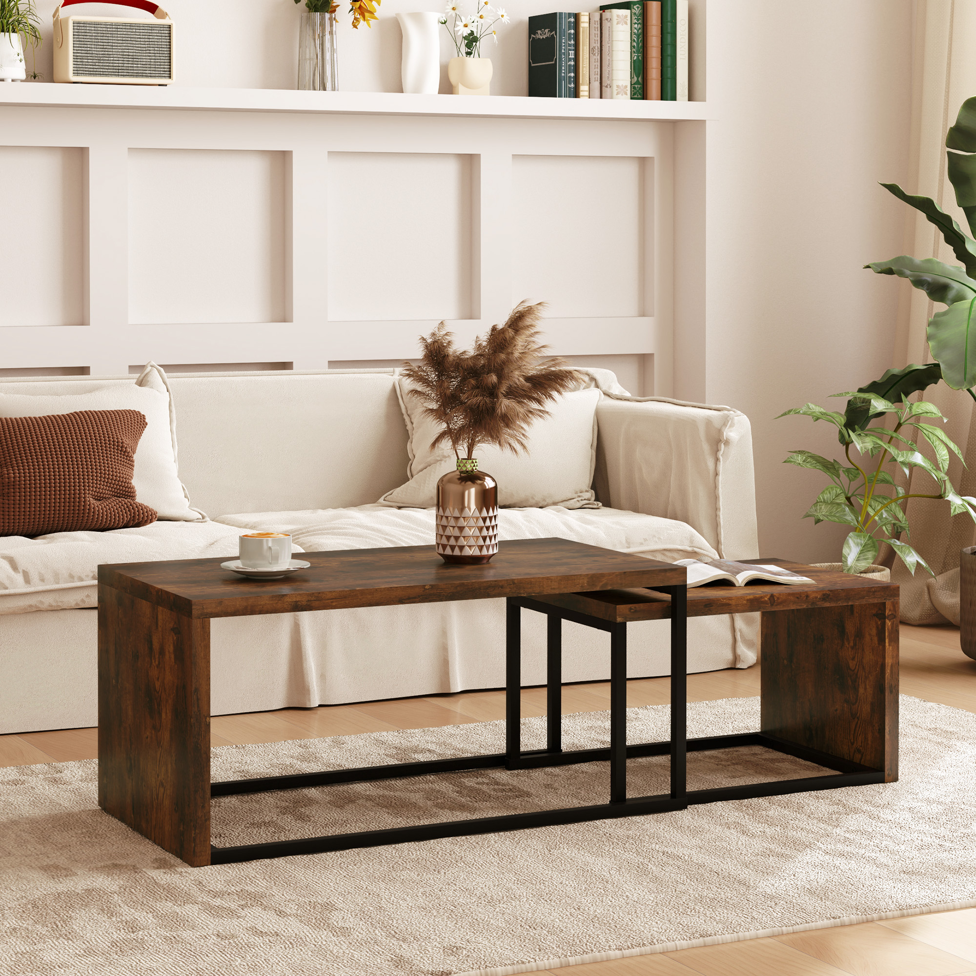 2er-Set Couchtisch, Sofatisch, Beistelltisch, Spanplatte, Metall, 90 x 48 x 42 cm/59 x 42 x 36 cm, Schwarz+Braun